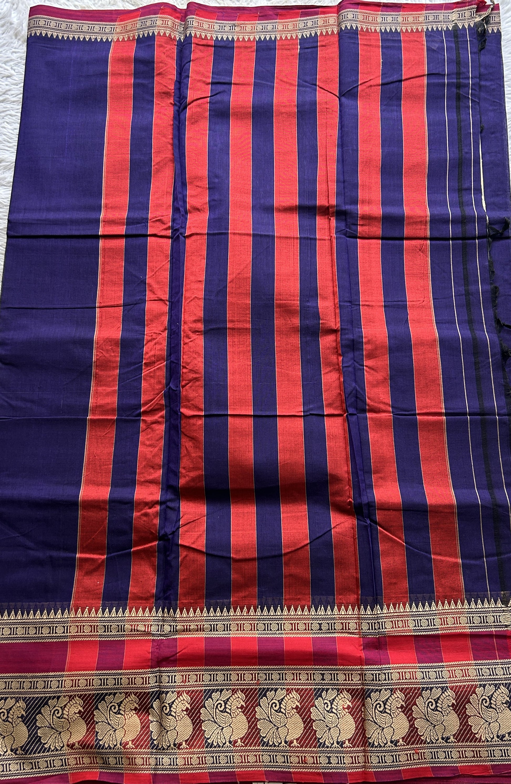 Narayanpet Cotton Saree Violet Colored Complemented with a Peacock Border. - Sampradaya Designer Studio
