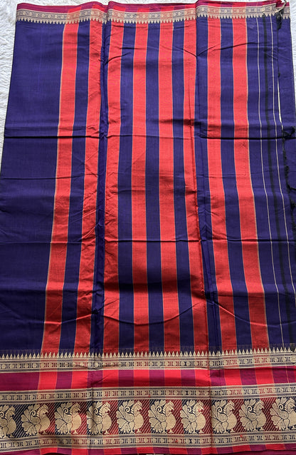 Narayanpet Cotton Saree Violet Colored Complemented with a Peacock Border. - Sampradaya Designer Studio