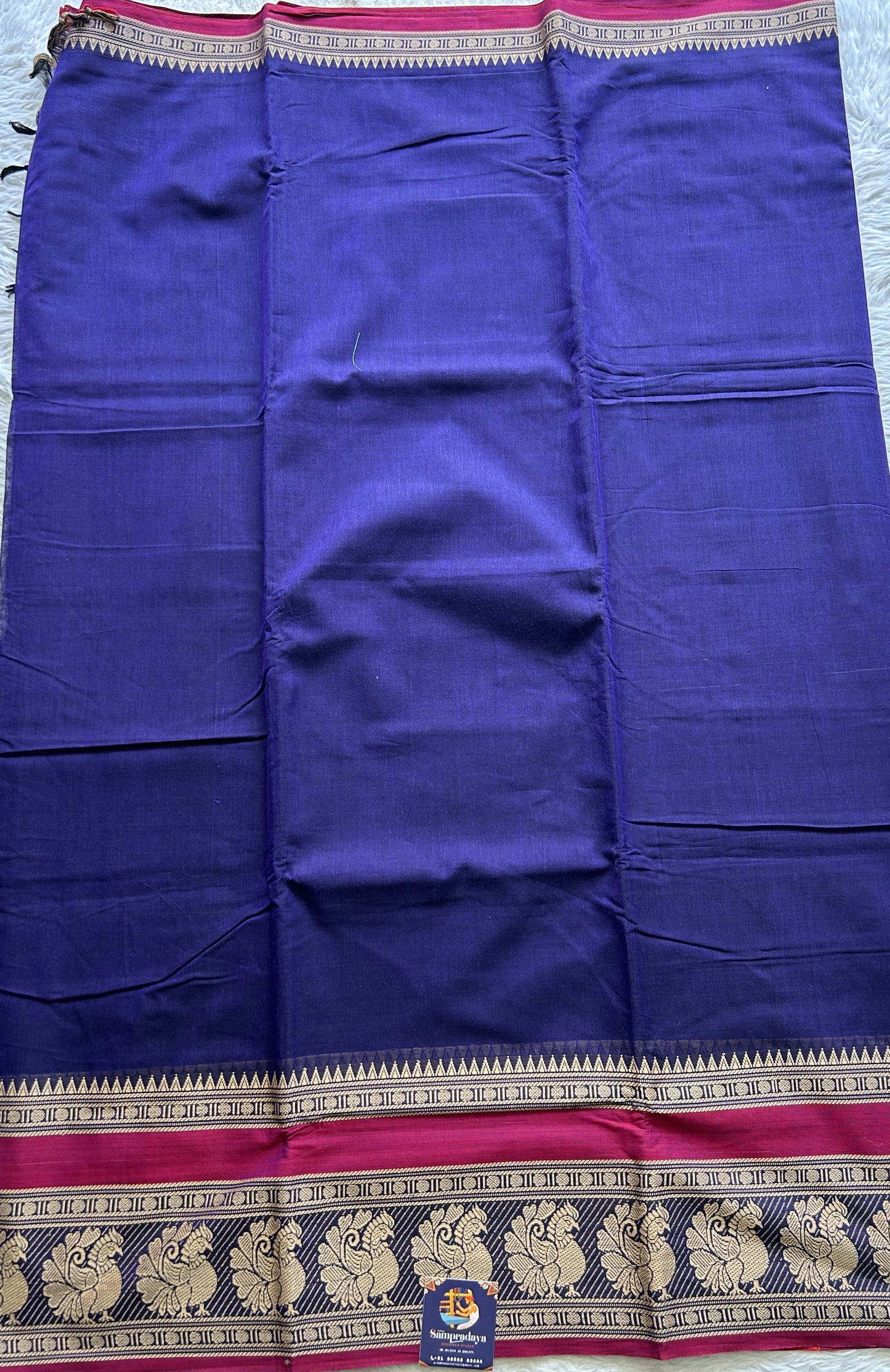 Narayanpet Cotton Saree Violet Colored Complemented with a Peacock Border. - Sampradaya Designer Studio