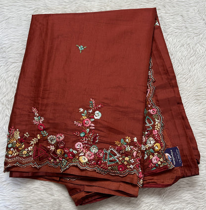 Semi Tussar Designer Saree Rust colored complemented with a Hand Embroidery border. - Sampradaya Designer Studio