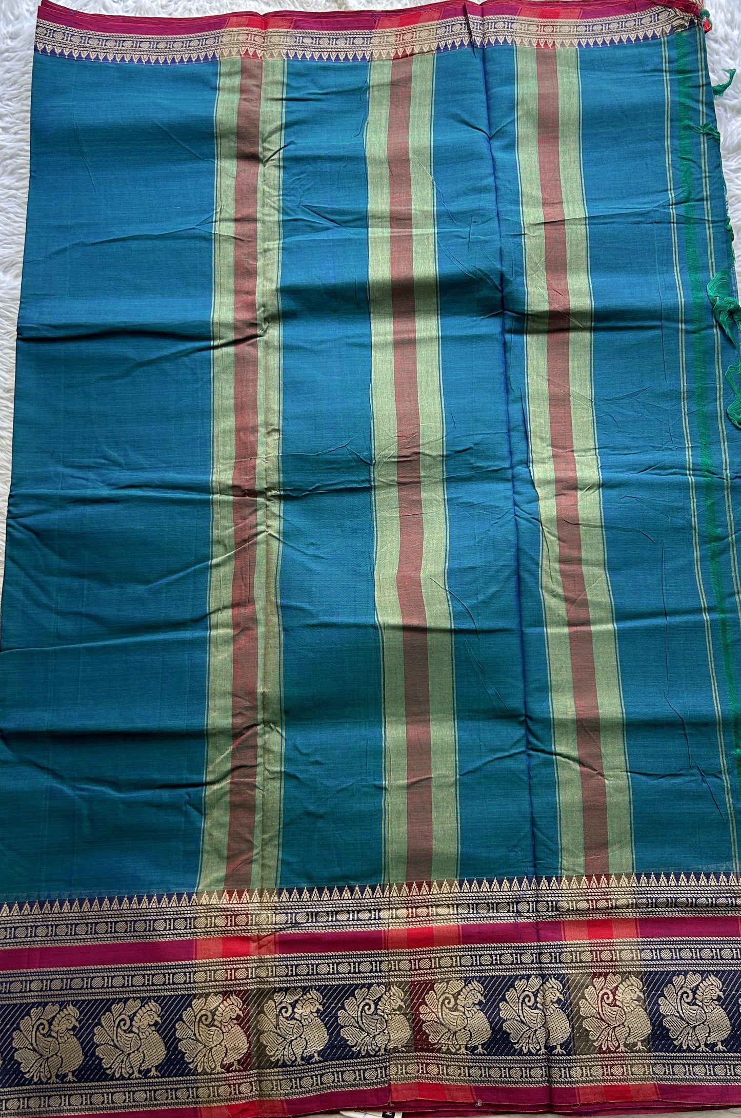 Narayanpet Cotton Saree Peacock Blue Colored Complemented with a Peacock Border. - Sampradaya Designer Studio