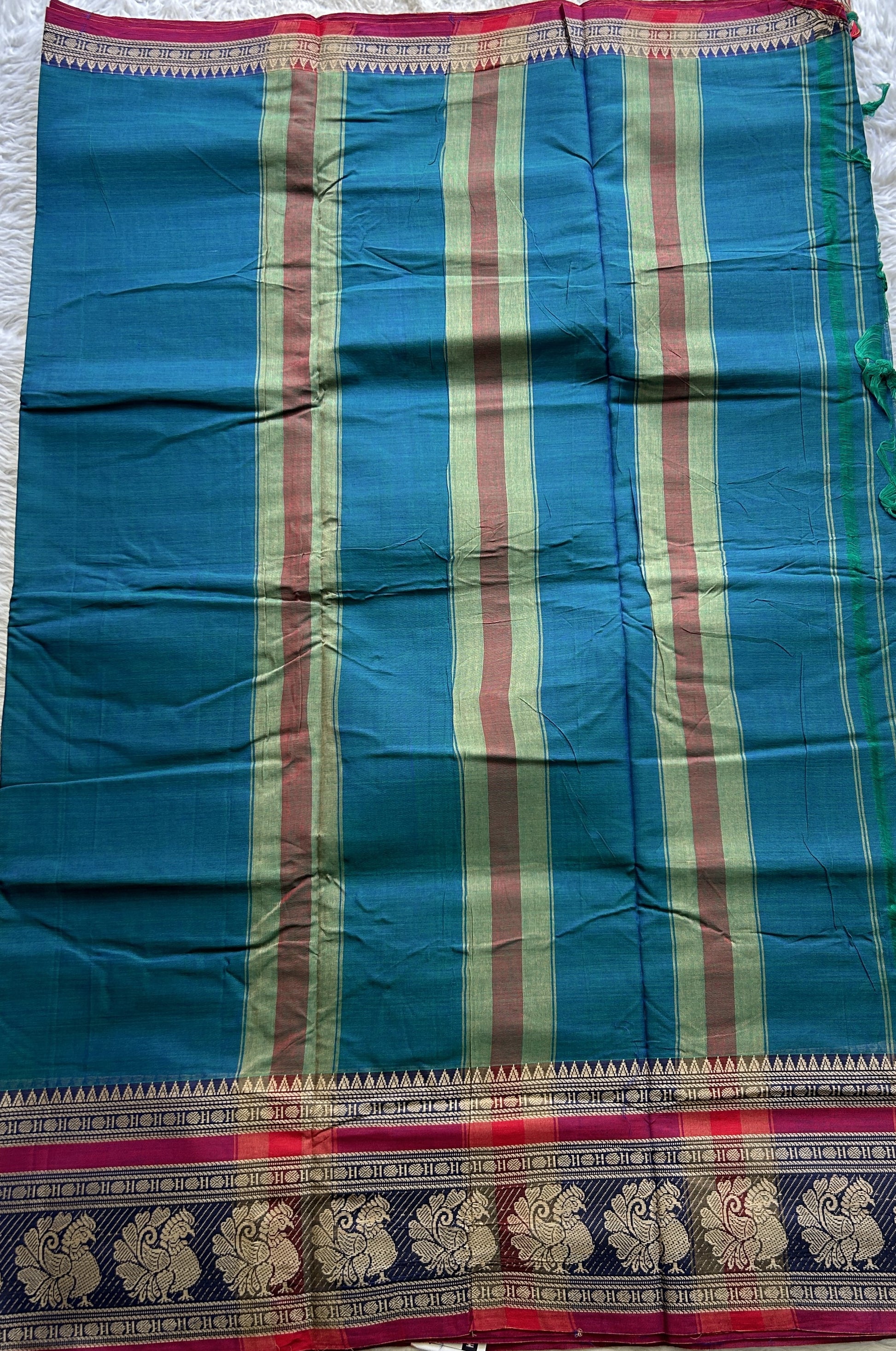 Narayanpet Cotton Saree Peacock Blue Colored Complemented with a Peacock Border. - Sampradaya Designer Studio
