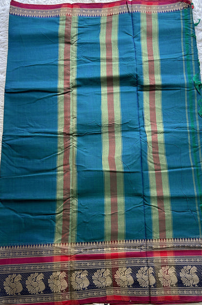 Narayanpet Cotton Saree Peacock Blue Colored Complemented with a Peacock Border. - Sampradaya Designer Studio