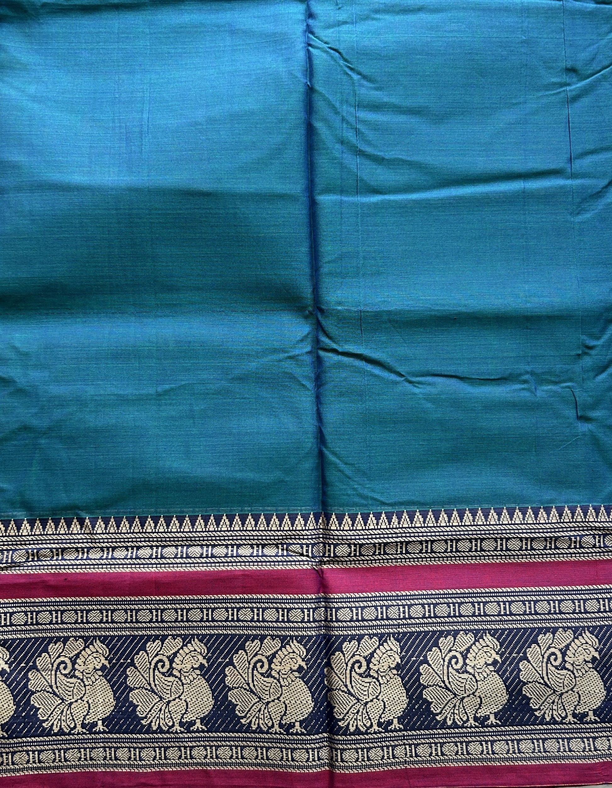 Narayanpet Cotton Saree Peacock Blue Colored Complemented with a Peacock Border. - Sampradaya Designer Studio