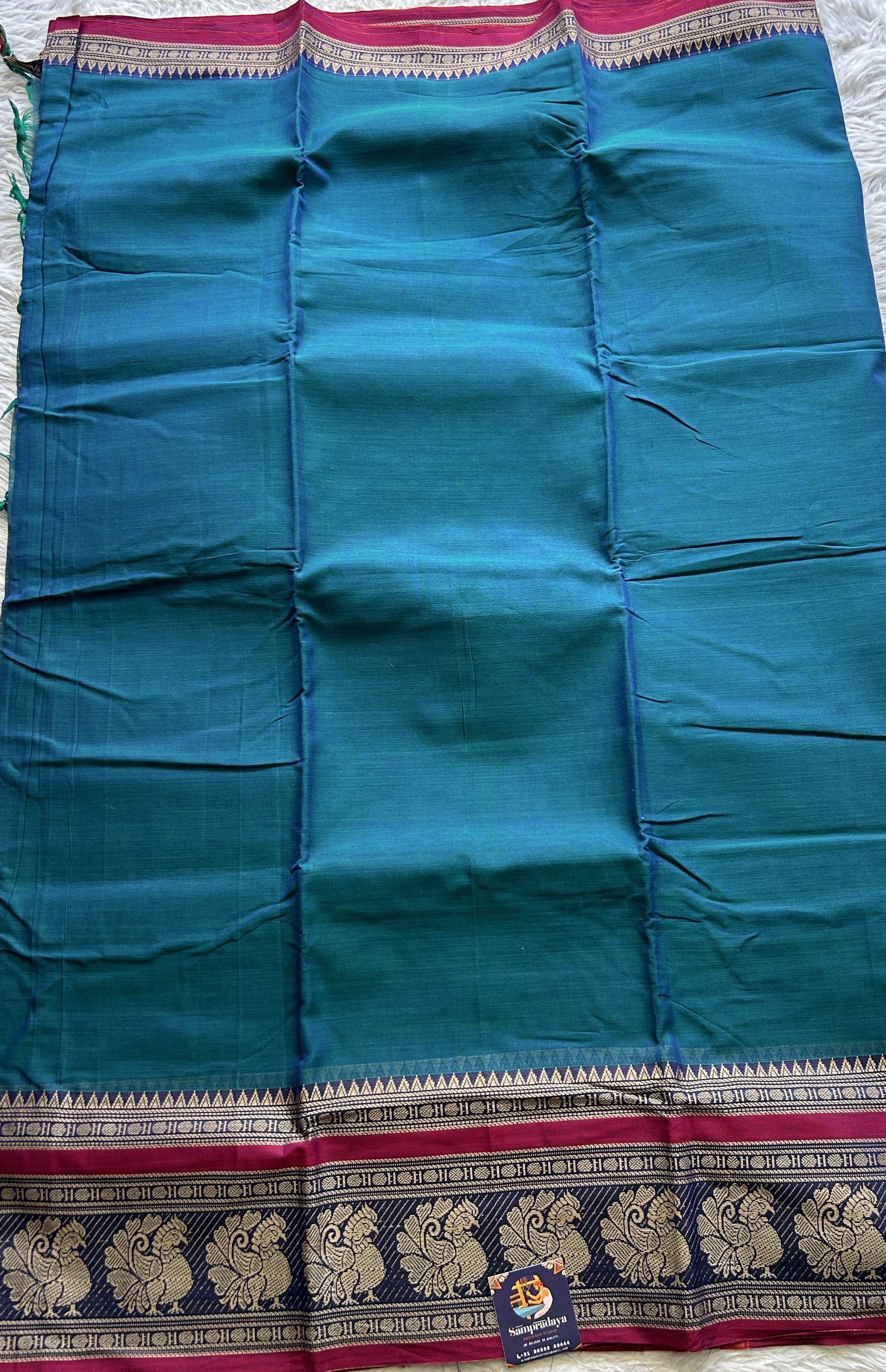 Narayanpet Cotton Saree Peacock Blue Colored Complemented with a Peacock Border. - Sampradaya Designer Studio