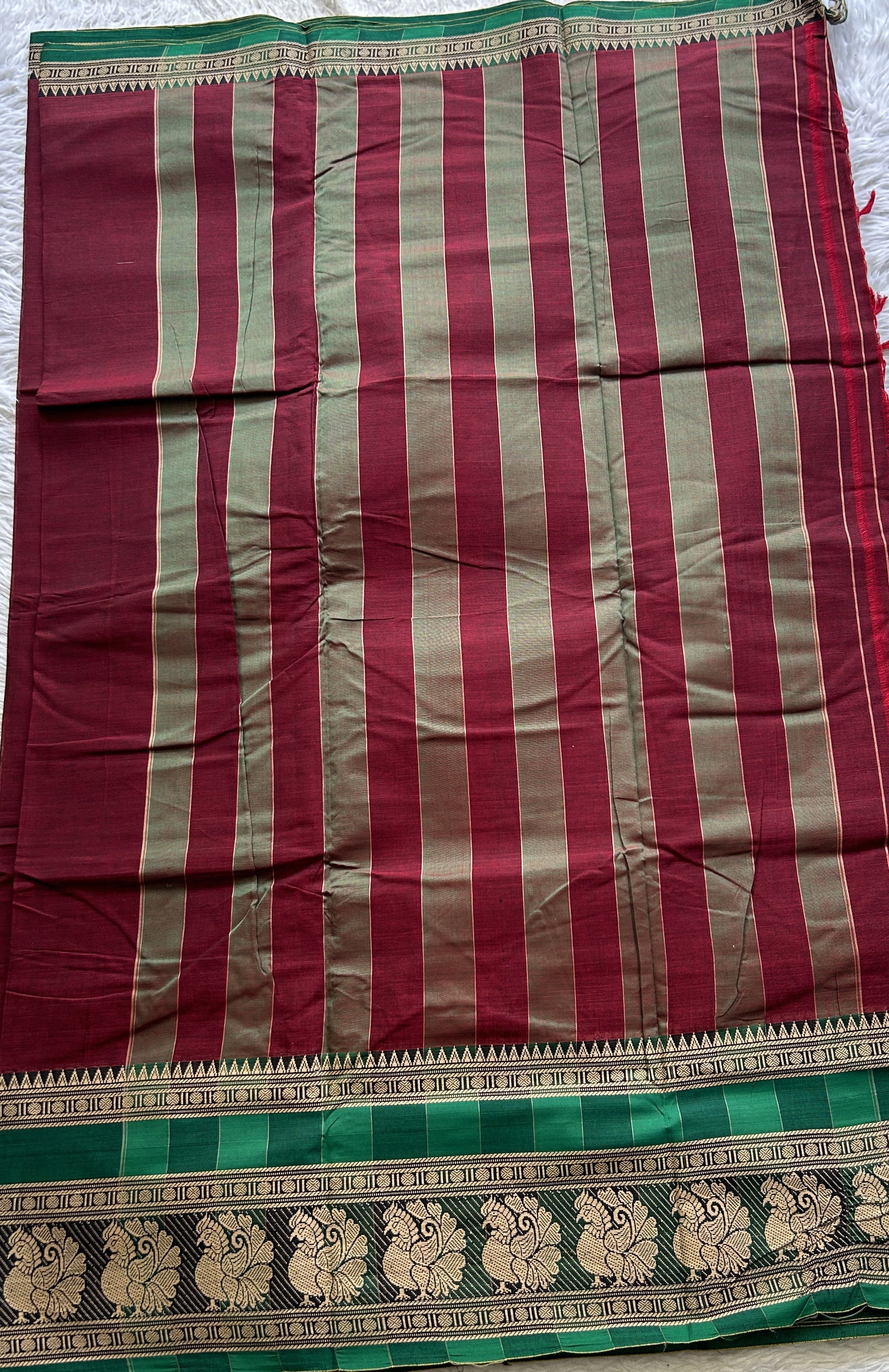 Narayanpet Cotton Saree Maroon Colored Complemented with a Peacock Border. - Sampradaya Designer Studio