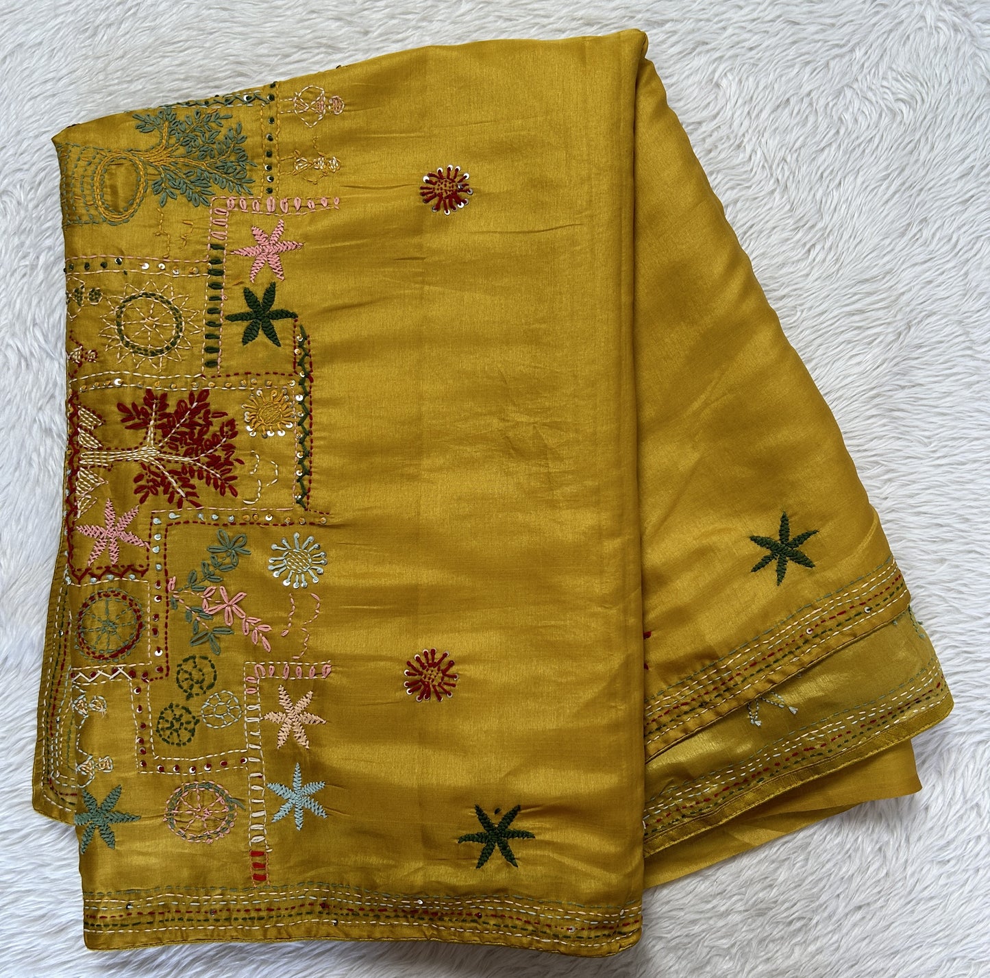 Semi Tussar Designer Saree Mustard Yellow colored complemented with a Hand Embroidery border. - Sampradaya Designer Studio