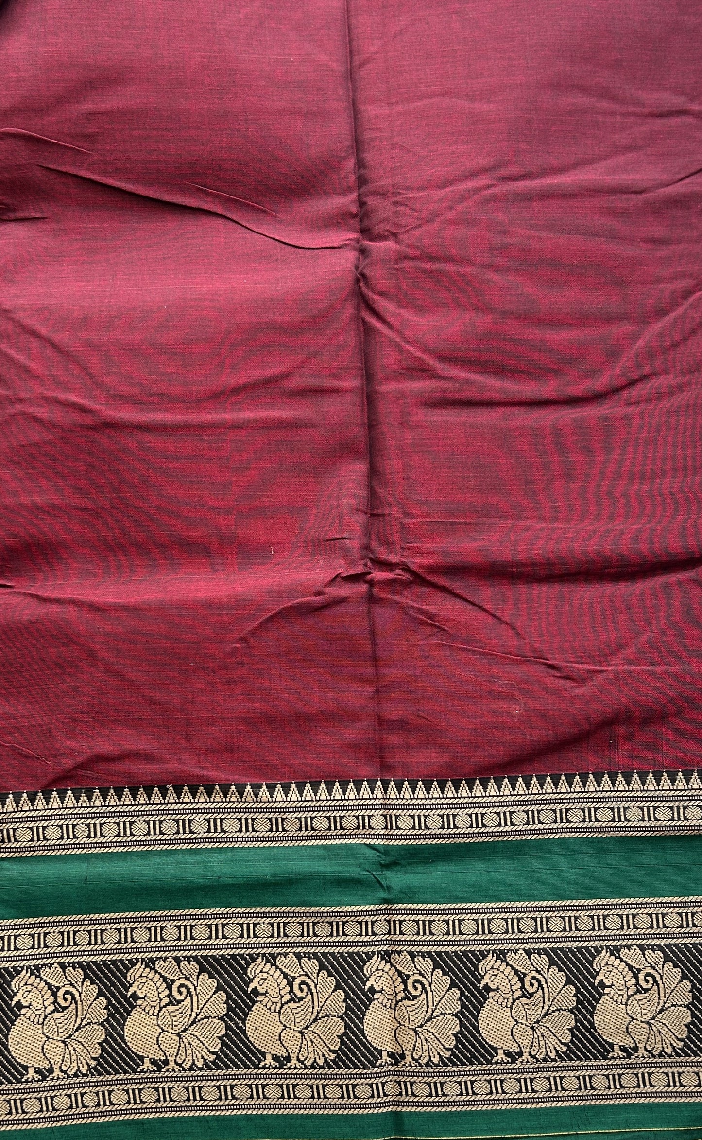 Narayanpet Cotton Saree Maroon Colored Complemented with a Peacock Border. - Sampradaya Designer Studio