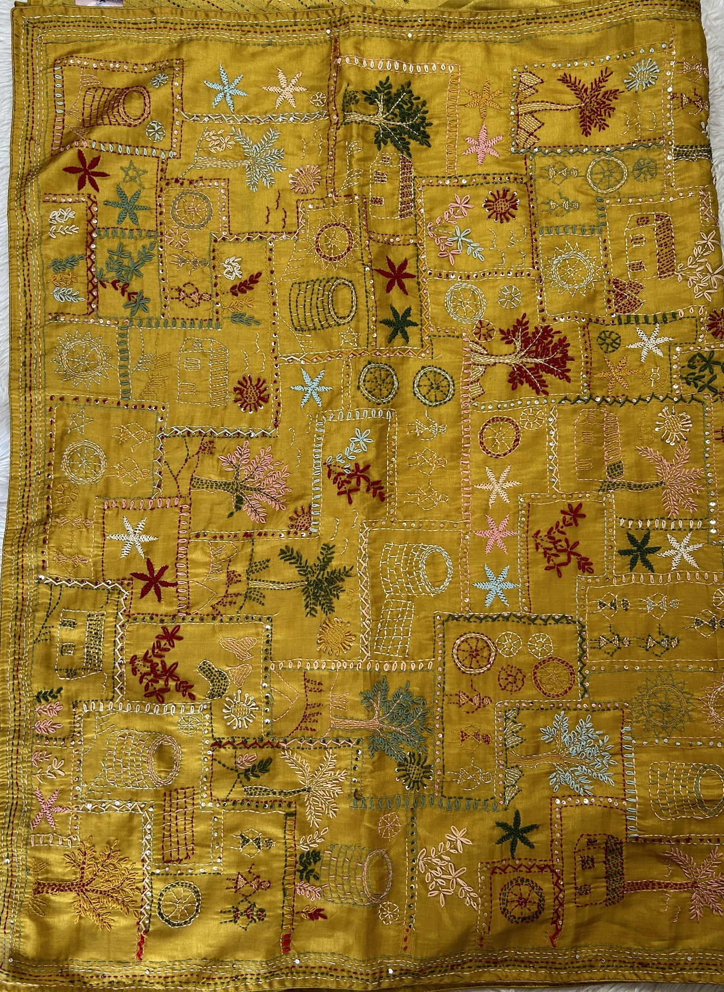 Semi Tussar Designer Saree Mustard Yellow colored complemented with a Hand Embroidery border. - Sampradaya Designer Studio