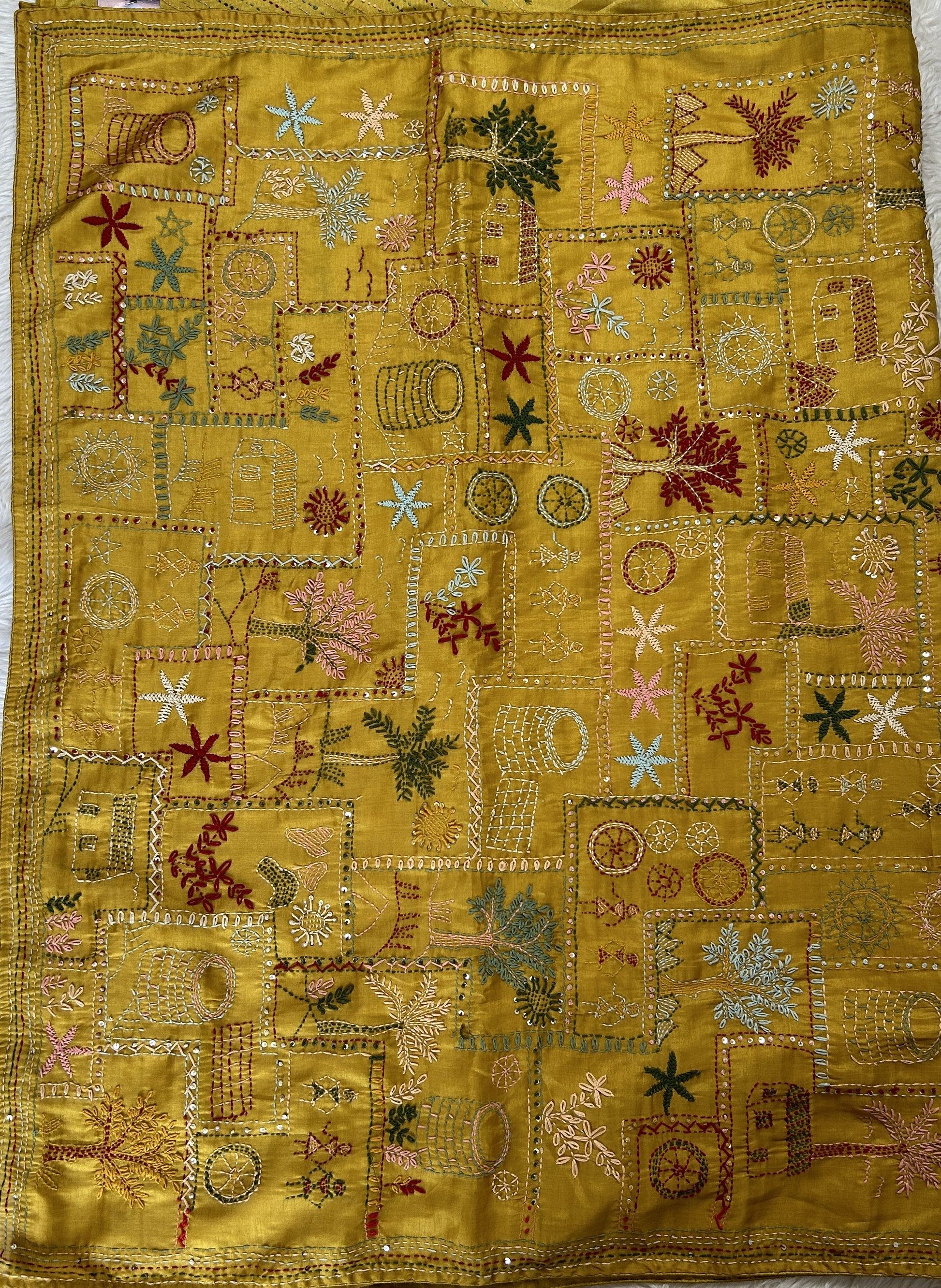 Semi Tussar Designer Saree Mustard Yellow colored complemented with a Hand Embroidery border. - Sampradaya Designer Studio