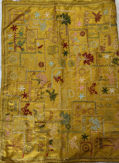 Semi Tussar Designer Saree Mustard Yellow colored complemented with a Hand Embroidery border. - Sampradaya Designer Studio