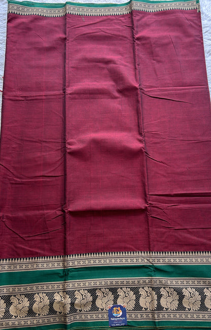 Narayanpet Cotton Saree Maroon Colored Complemented with a Peacock Border. - Sampradaya Designer Studio