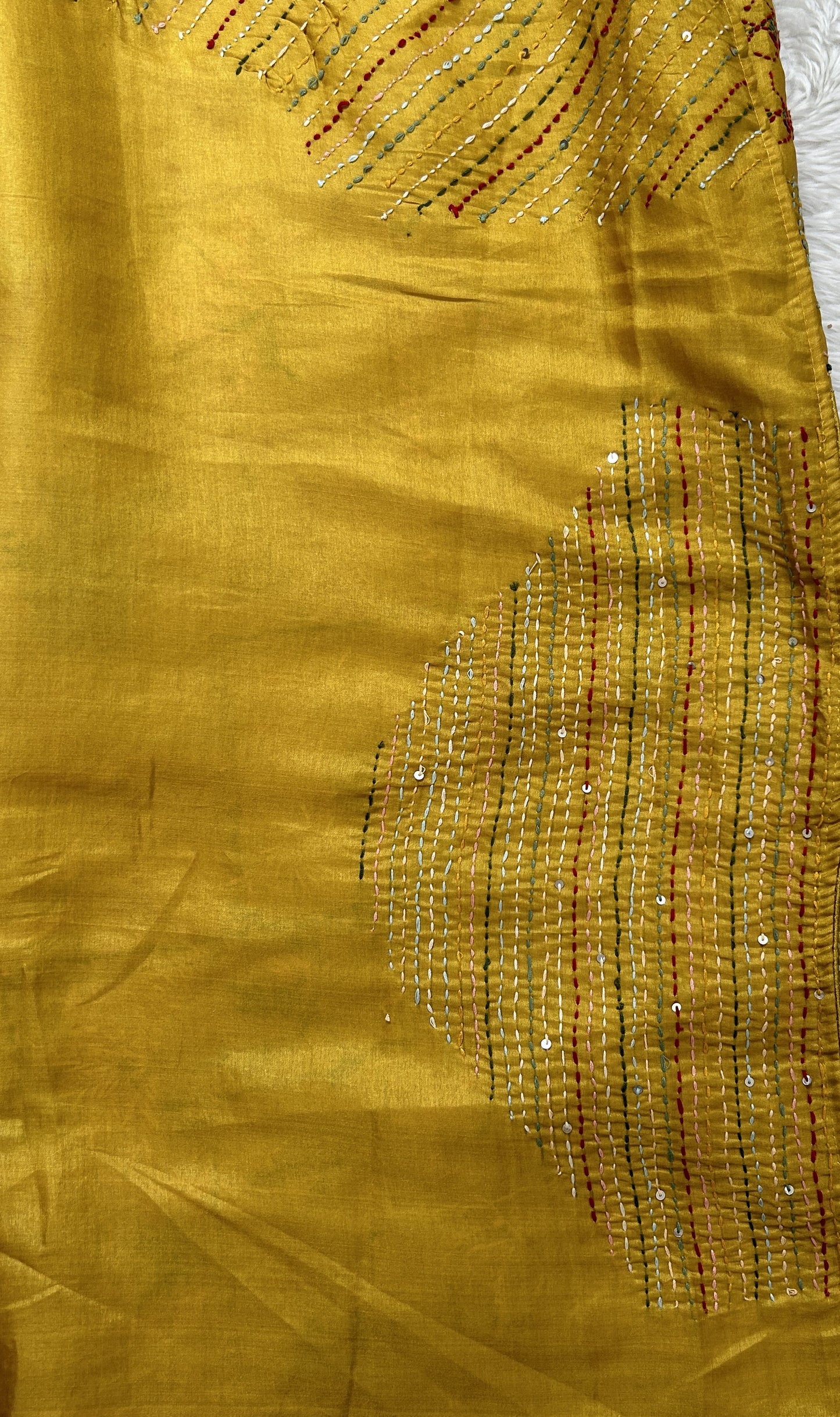 Semi Tussar Designer Saree Mustard Yellow colored complemented with a Hand Embroidery border. - Sampradaya Designer Studio