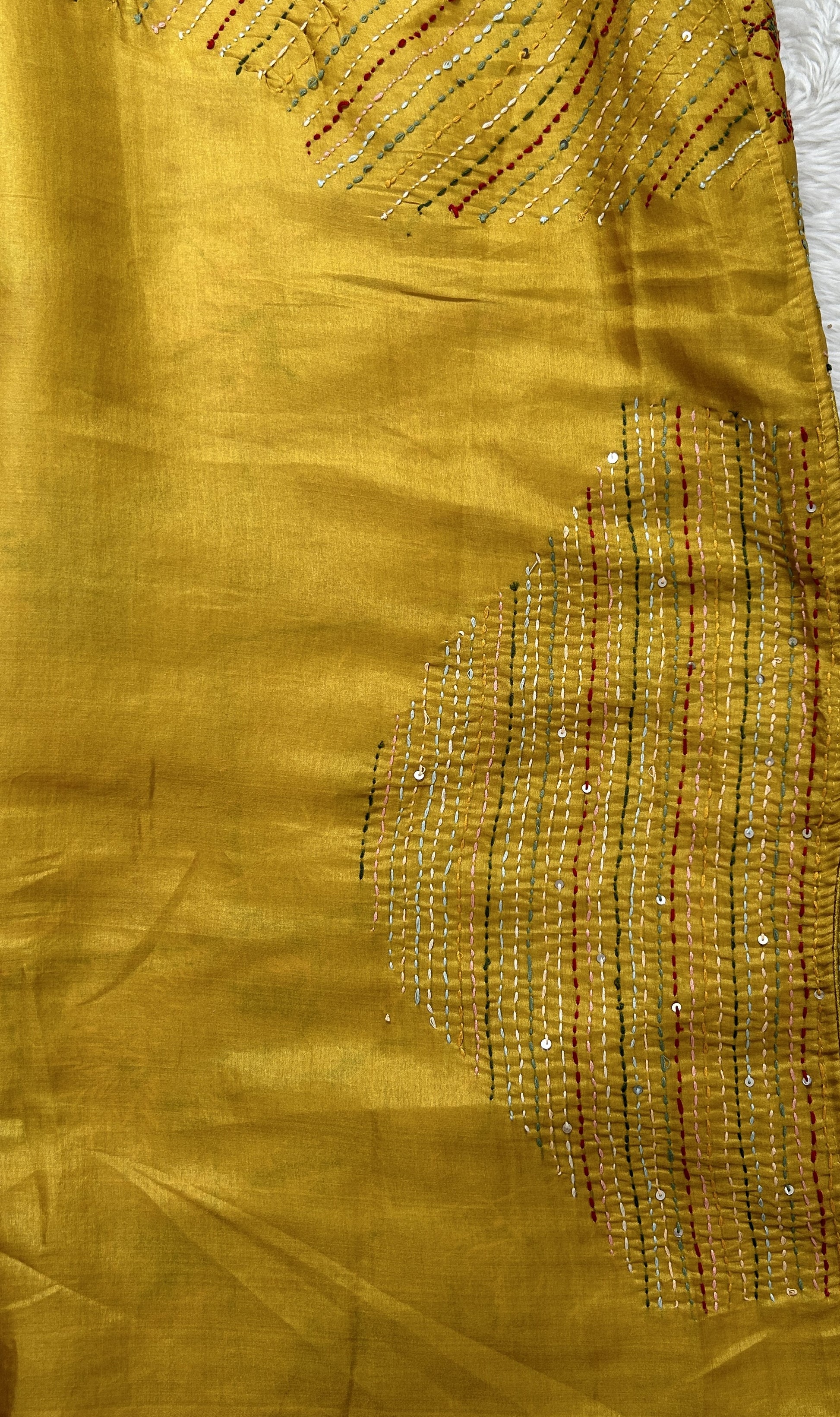 Semi Tussar Designer Saree Mustard Yellow colored complemented with a Hand Embroidery border. - Sampradaya Designer Studio