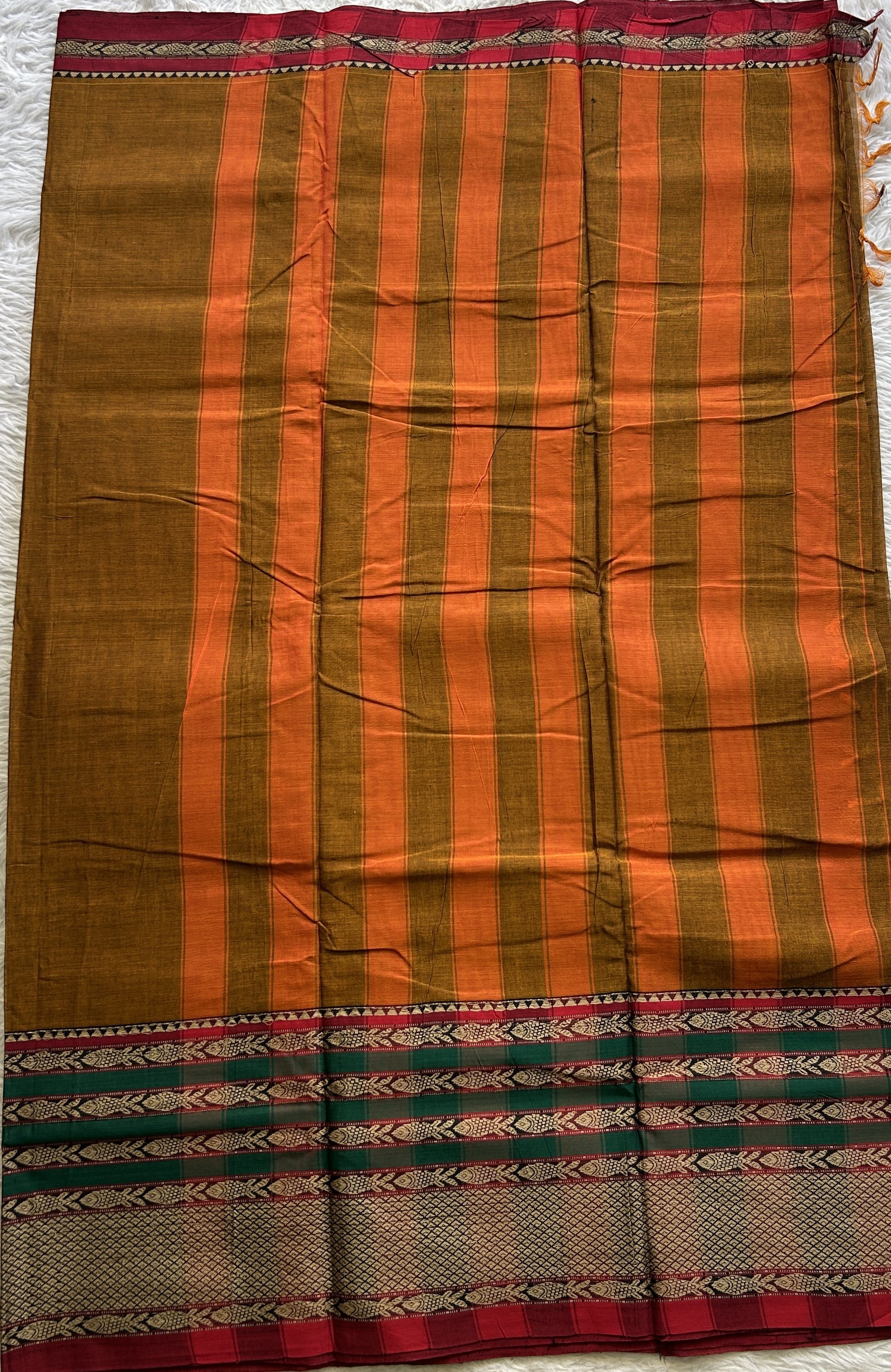 Narayanpet Cotton Saree Copper Colored Complemented with a Double Thread Border. - Sampradaya Designer Studio