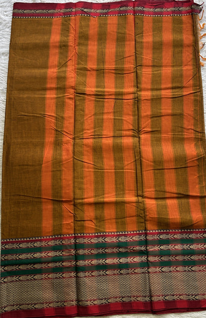 Narayanpet Cotton Saree Copper Colored Complemented with a Double Thread Border. - Sampradaya Designer Studio