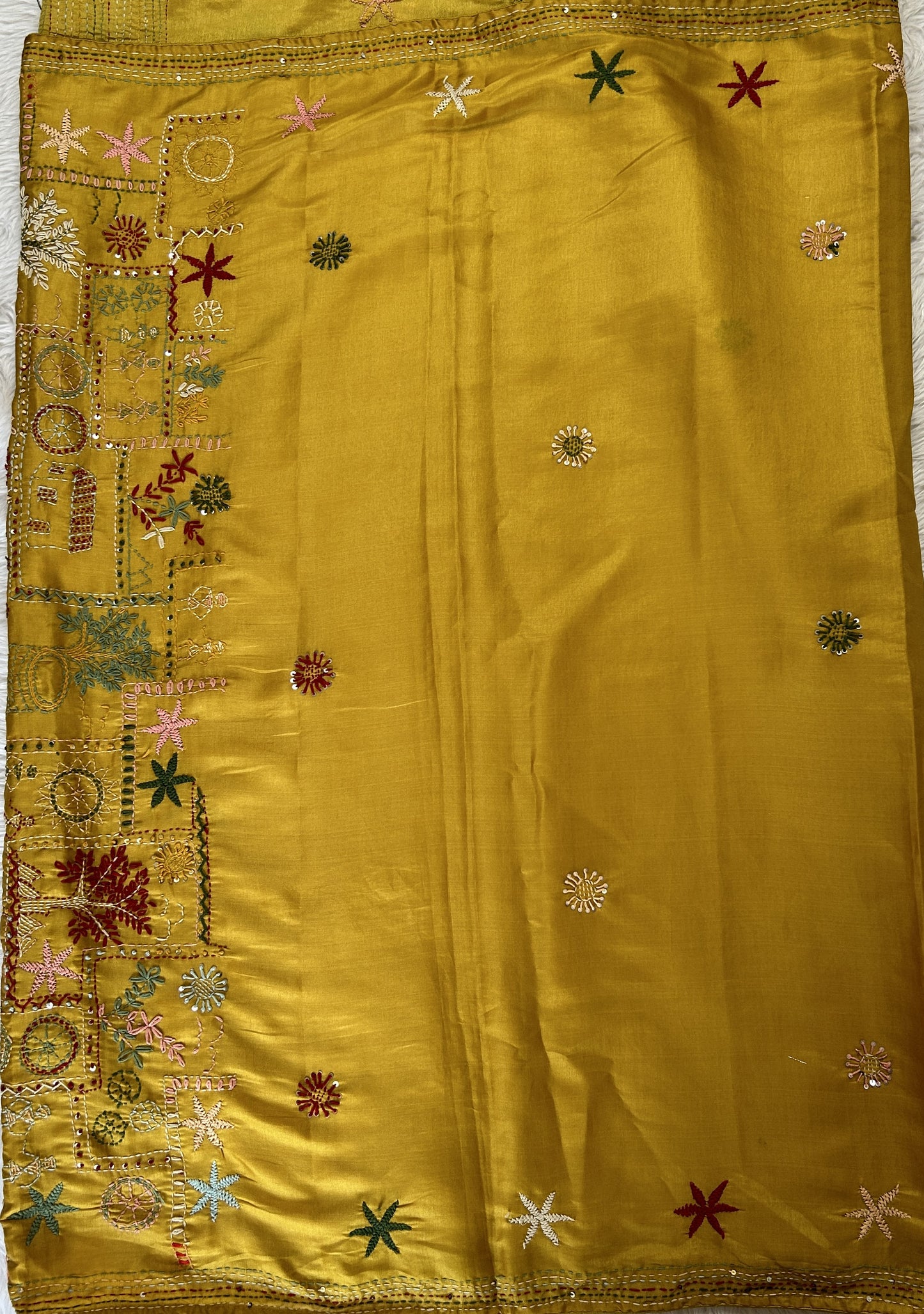 Semi Tussar Designer Saree Mustard Yellow colored complemented with a Hand Embroidery border. - Sampradaya Designer Studio