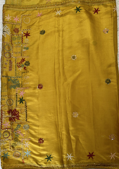 Semi Tussar Designer Saree Mustard Yellow colored complemented with a Hand Embroidery border. - Sampradaya Designer Studio