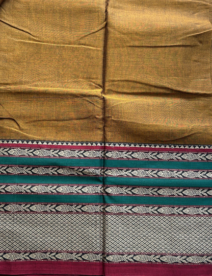 Narayanpet Cotton Saree Copper Colored Complemented with a Double Thread Border. - Sampradaya Designer Studio