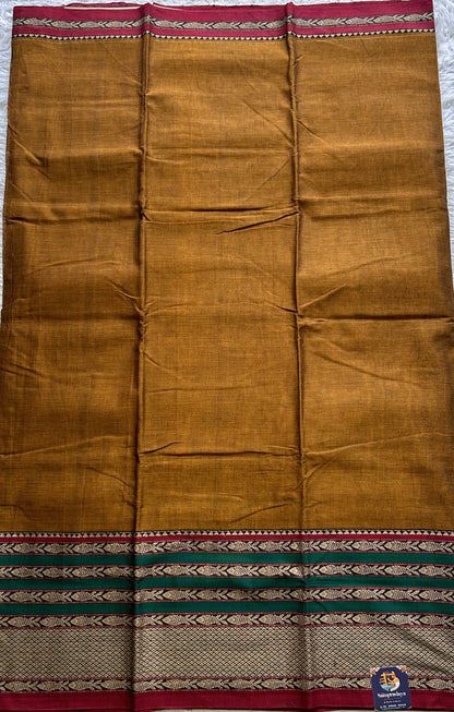 Narayanpet Cotton Saree Copper Colored Complemented with a Double Thread Border. - Sampradaya Designer Studio