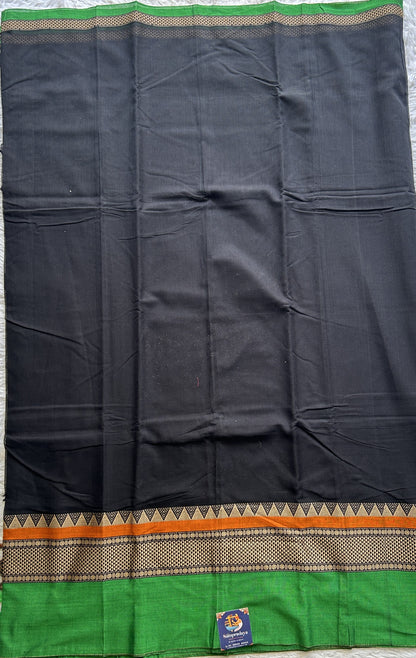 Narayanpet Cotton Saree Black Colored Complemented with a Double Thread Border. - Sampradaya Designer Studio