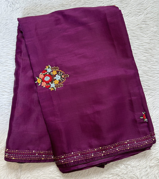Semi Tussar Designer Saree Purple colored complemented with a Hand Embroidery border. - Sampradaya Designer Studio
