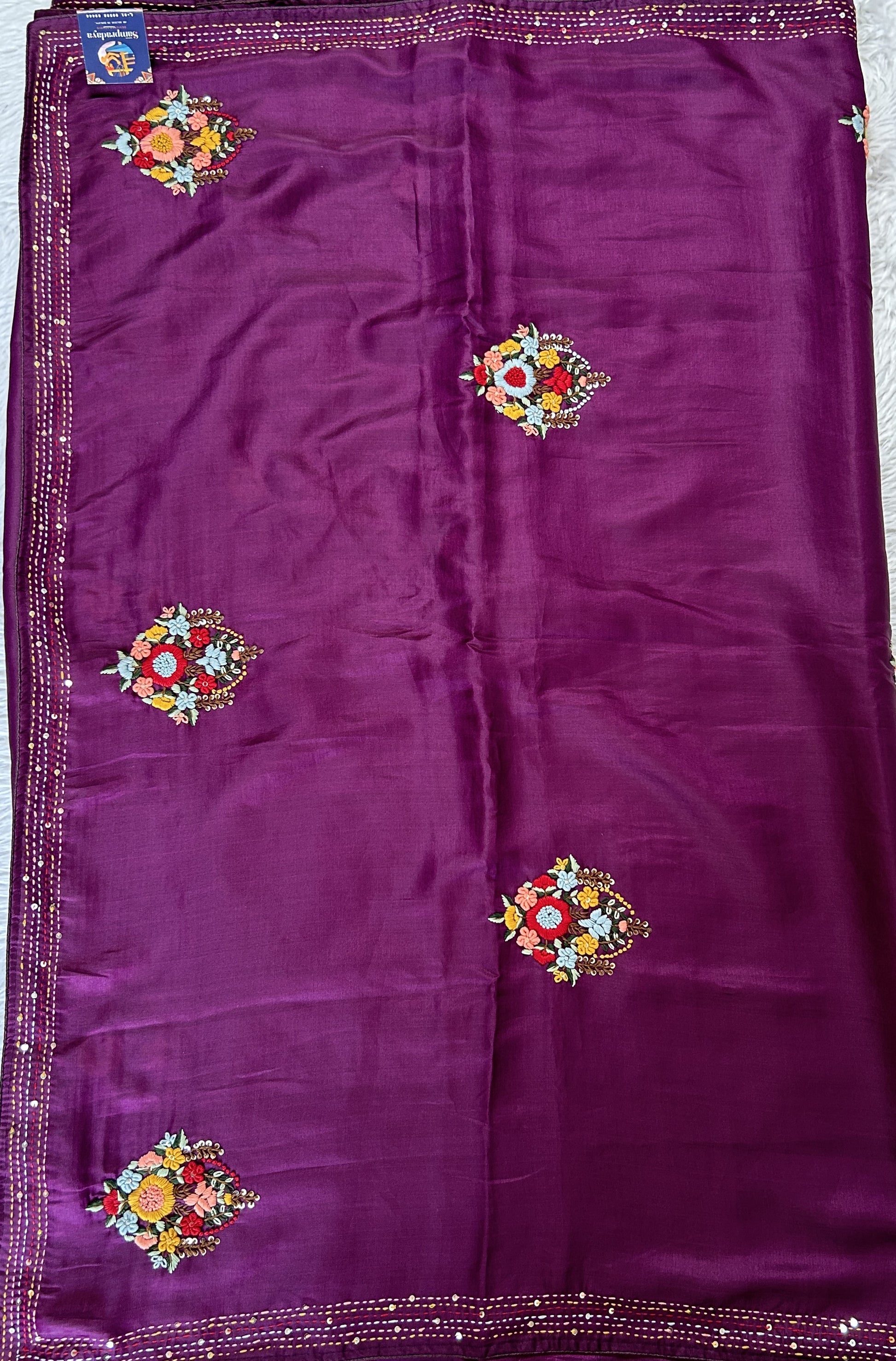 Semi Tussar Designer Saree Purple colored complemented with a Hand Embroidery border. - Sampradaya Designer Studio