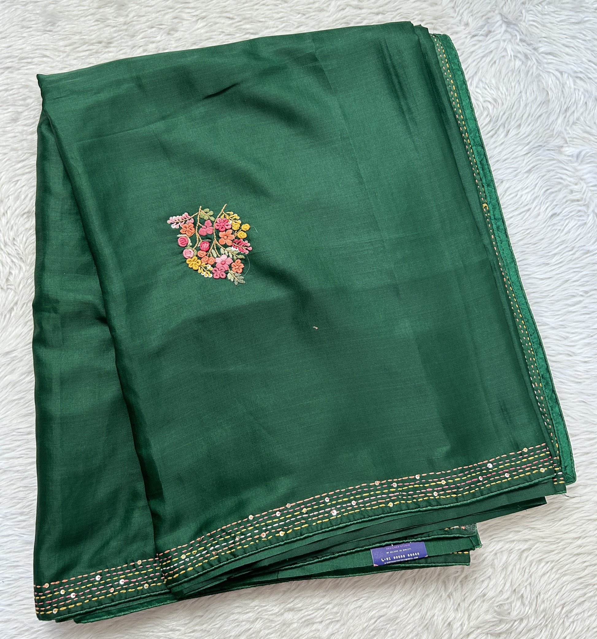 Semi Tussar Designer Saree Bottle Green colored complemented with a Running Stich Embroidery border. - Sampradaya Designer Studio