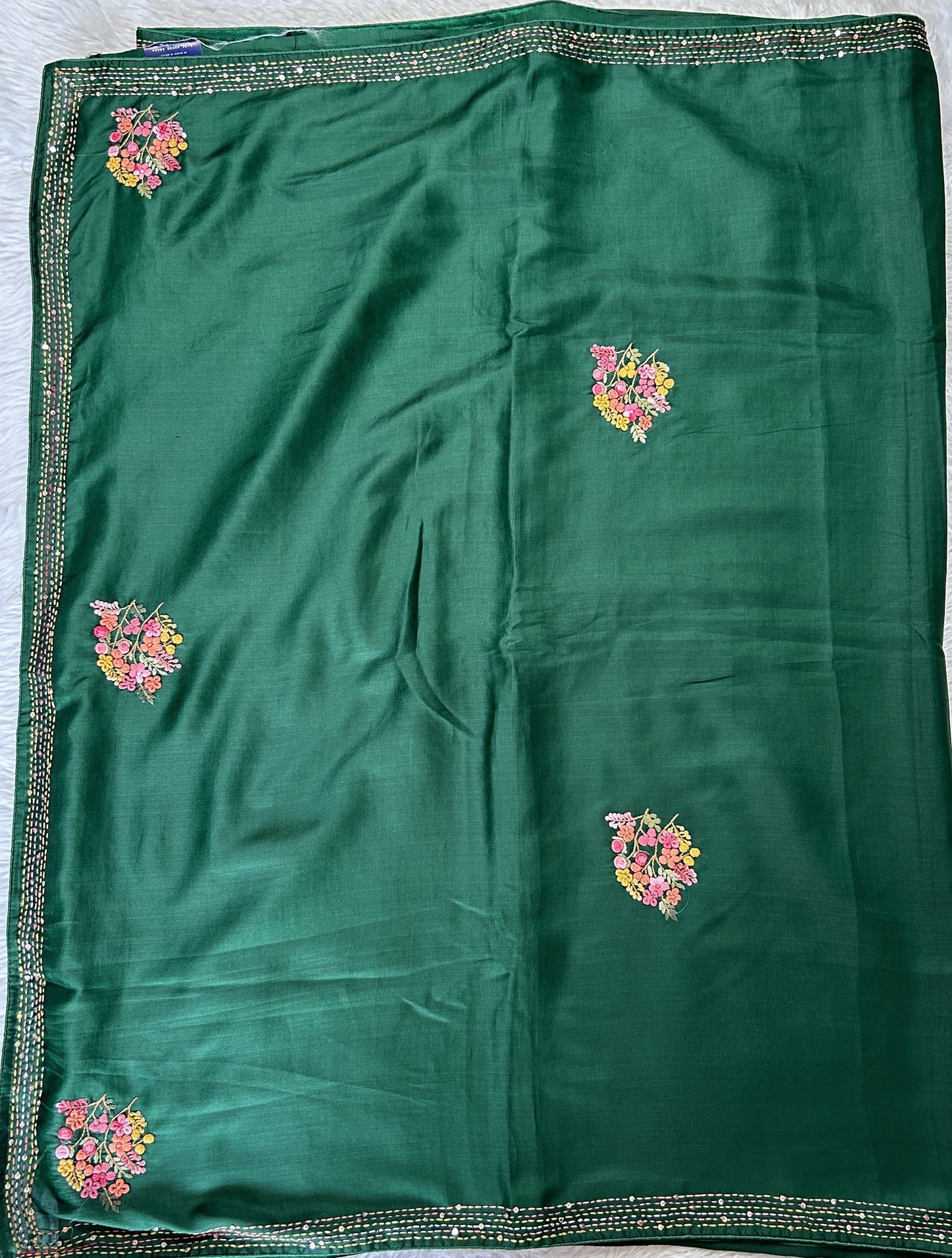 Semi Tussar Designer Saree Bottle Green colored complemented with a Running Stich Embroidery border. - Sampradaya Designer Studio
