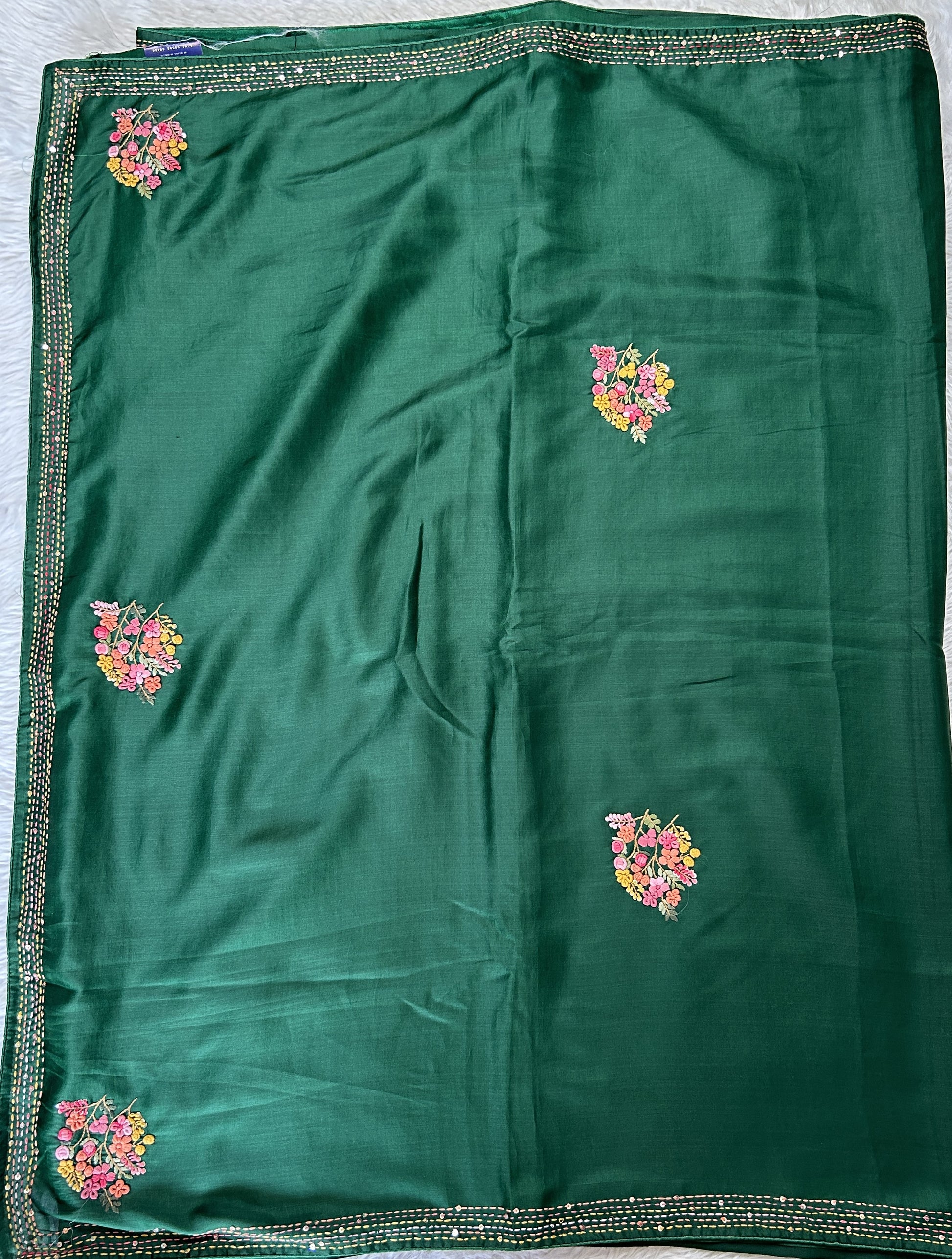 Semi Tussar Designer Saree Bottle Green colored complemented with a Running Stich Embroidery border. - Sampradaya Designer Studio