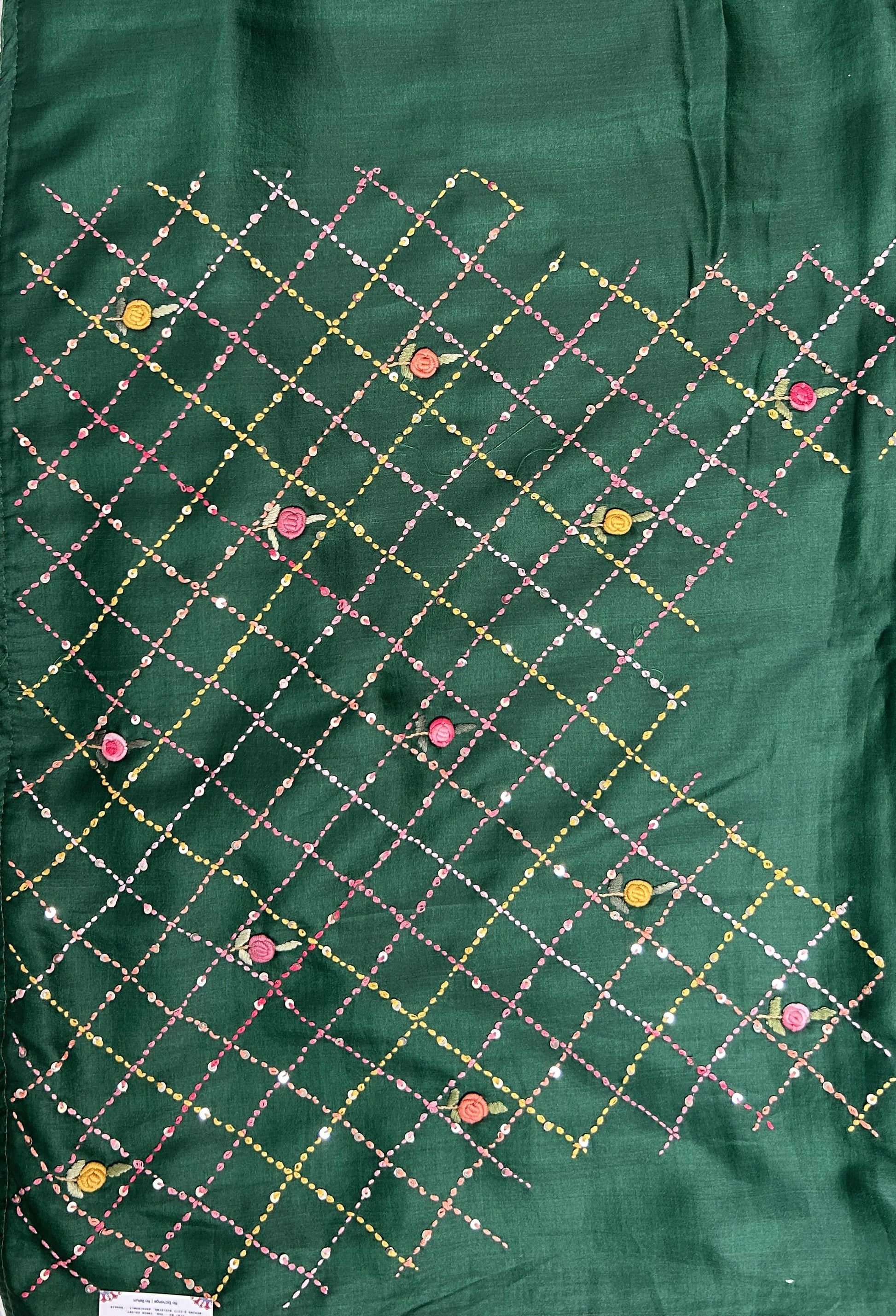 Semi Tussar Designer Saree Bottle Green colored complemented with a Running Stich Embroidery border. - Sampradaya Designer Studio