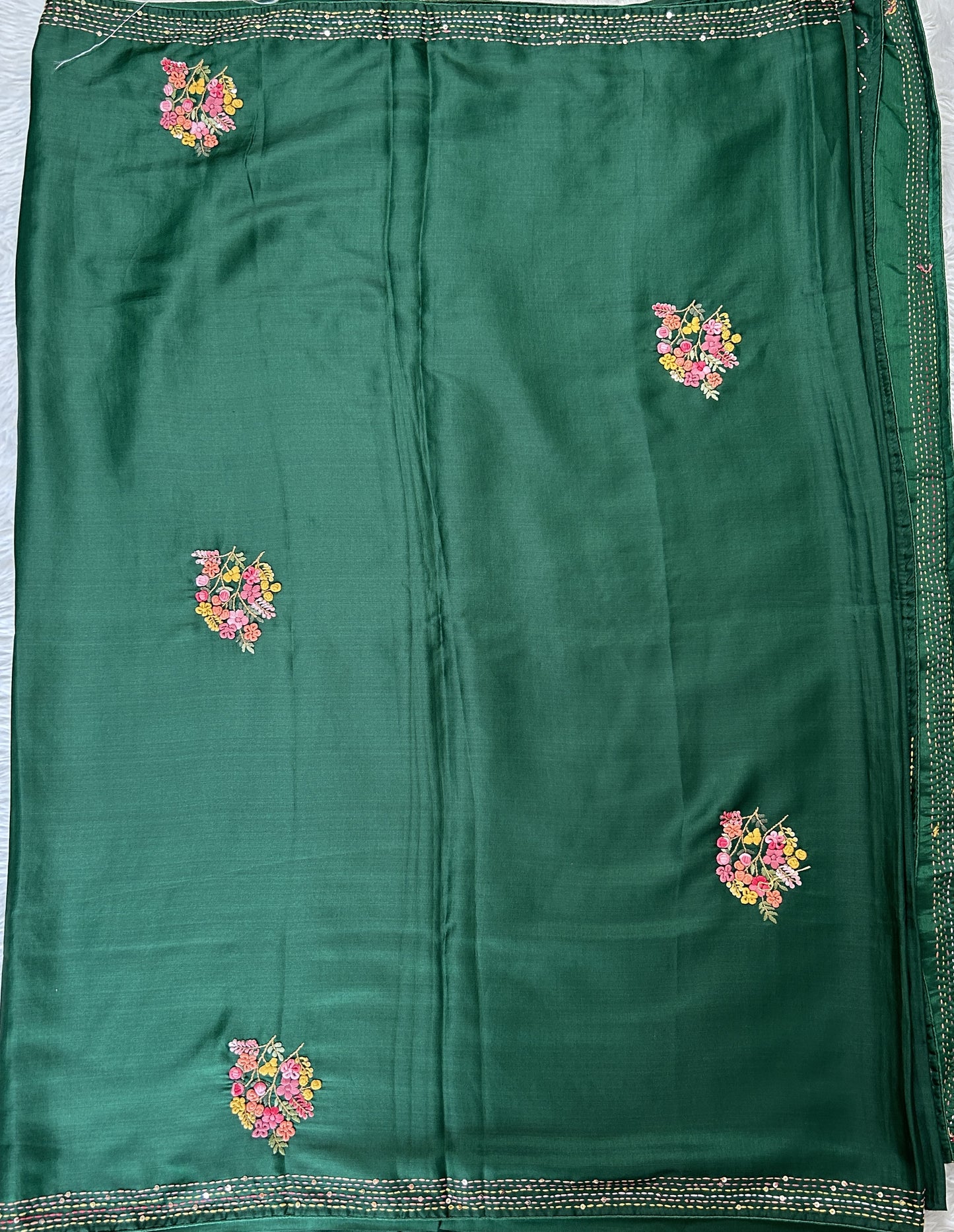 Semi Tussar Designer Saree Bottle Green colored complemented with a Running Stich Embroidery border. - Sampradaya Designer Studio