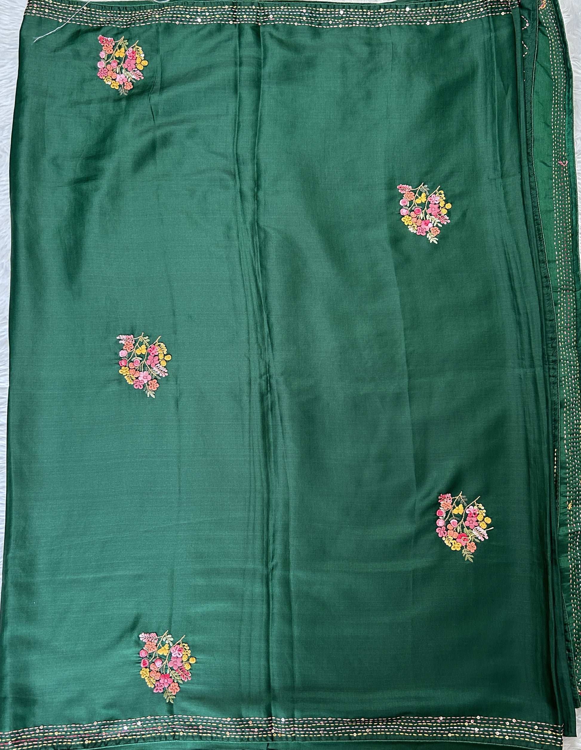Semi Tussar Designer Saree Bottle Green colored complemented with a Running Stich Embroidery border. - Sampradaya Designer Studio