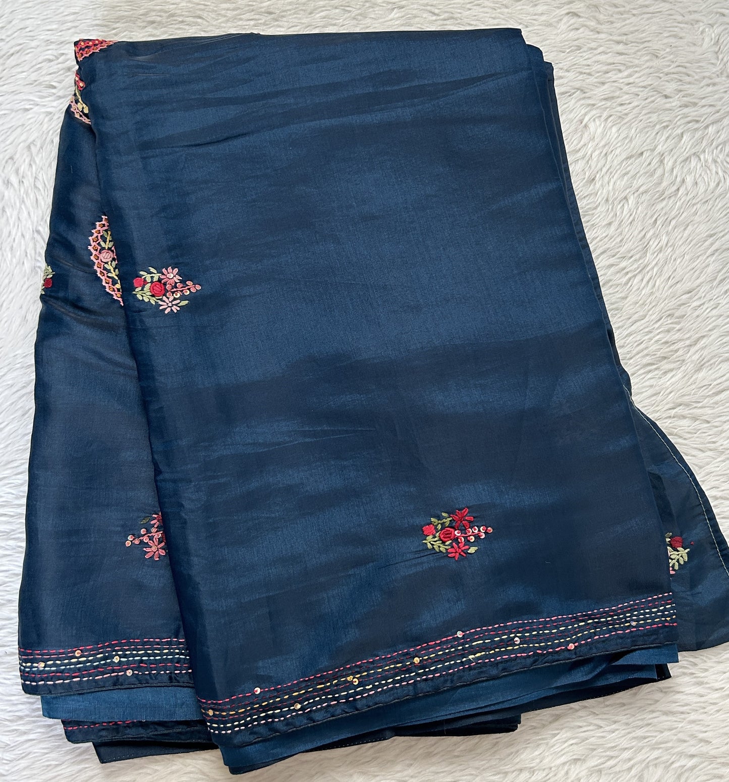 Semi Tussar Designer Saree Teal Blue colored complemented with a Running Stich Embroidery border. - Sampradaya Designer Studio