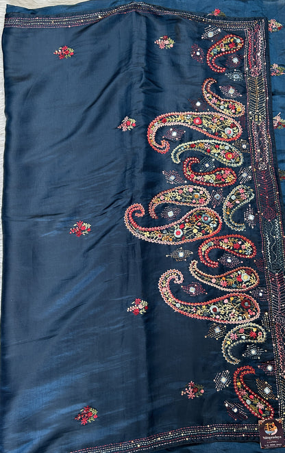 Semi Tussar Designer Saree Teal Blue colored complemented with a Running Stich Embroidery border. - Sampradaya Designer Studio