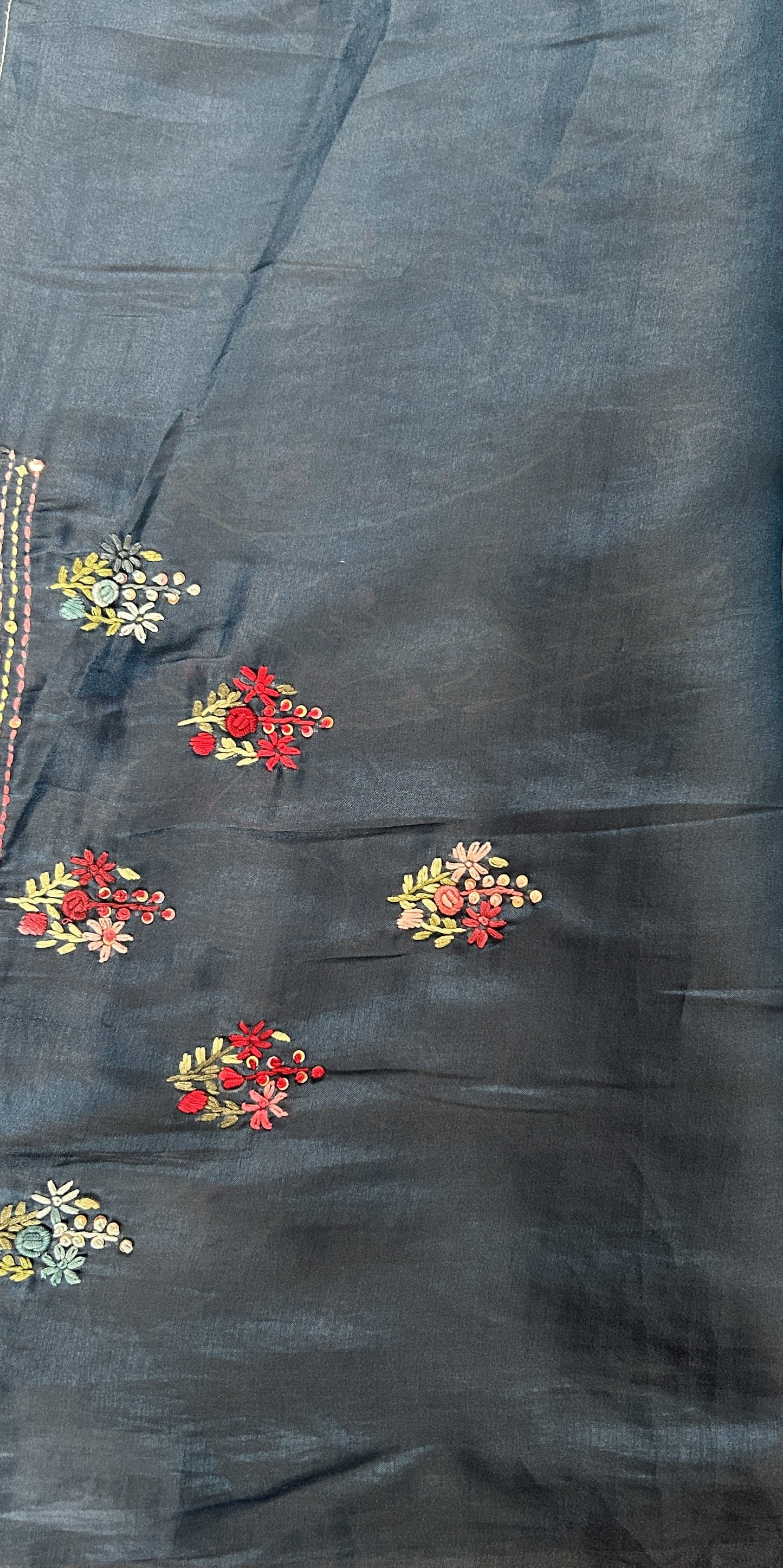 Semi Tussar Designer Saree Teal Blue colored complemented with a Running Stich Embroidery border. - Sampradaya Designer Studio