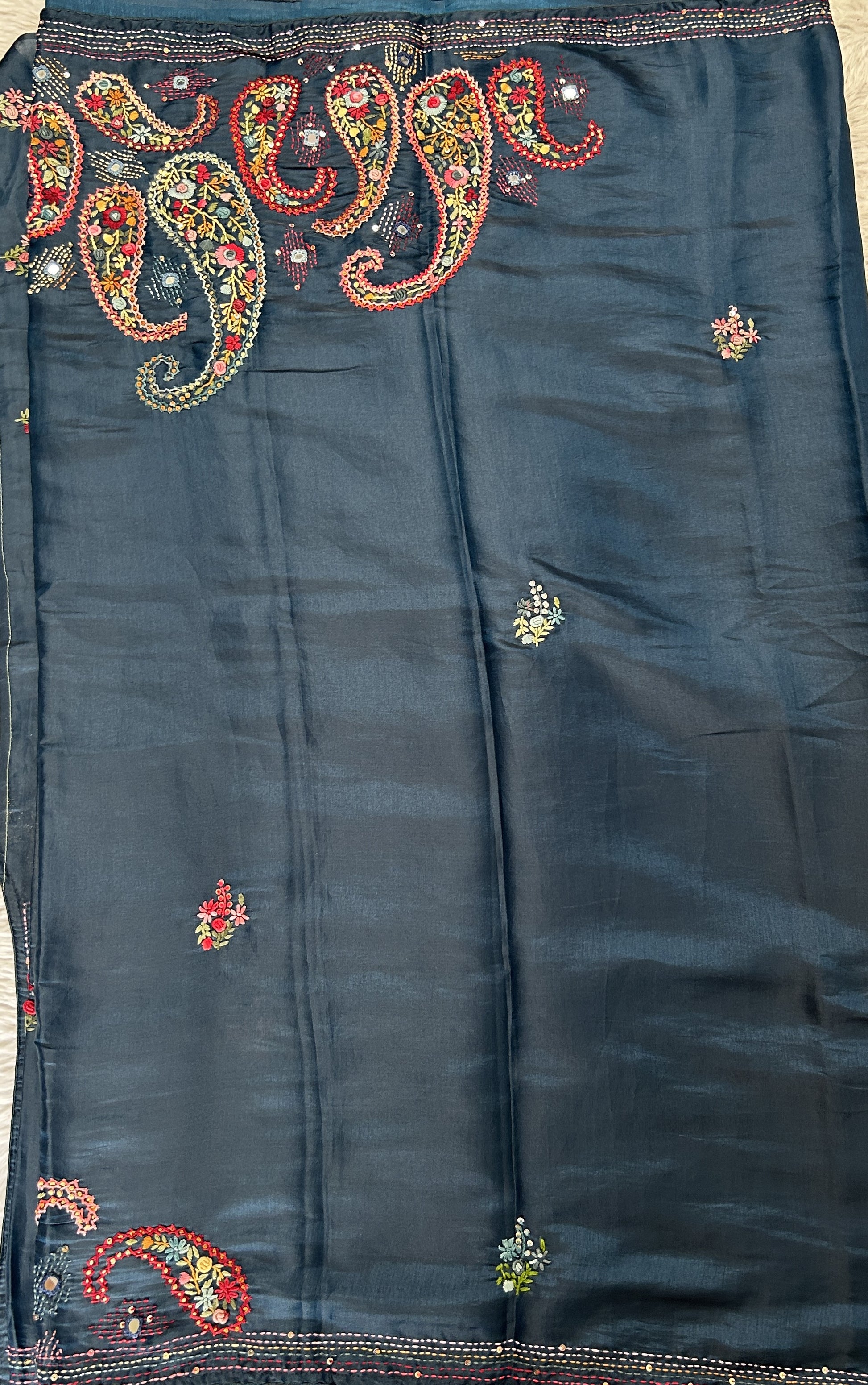 Semi Tussar Designer Saree Teal Blue colored complemented with a Running Stich Embroidery border. - Sampradaya Designer Studio