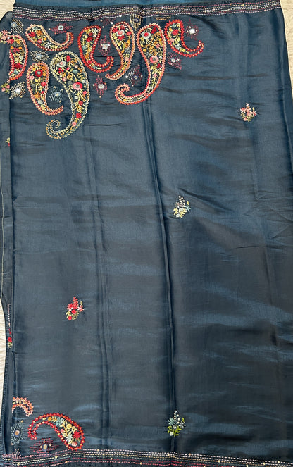 Semi Tussar Designer Saree Teal Blue colored complemented with a Running Stich Embroidery border. - Sampradaya Designer Studio