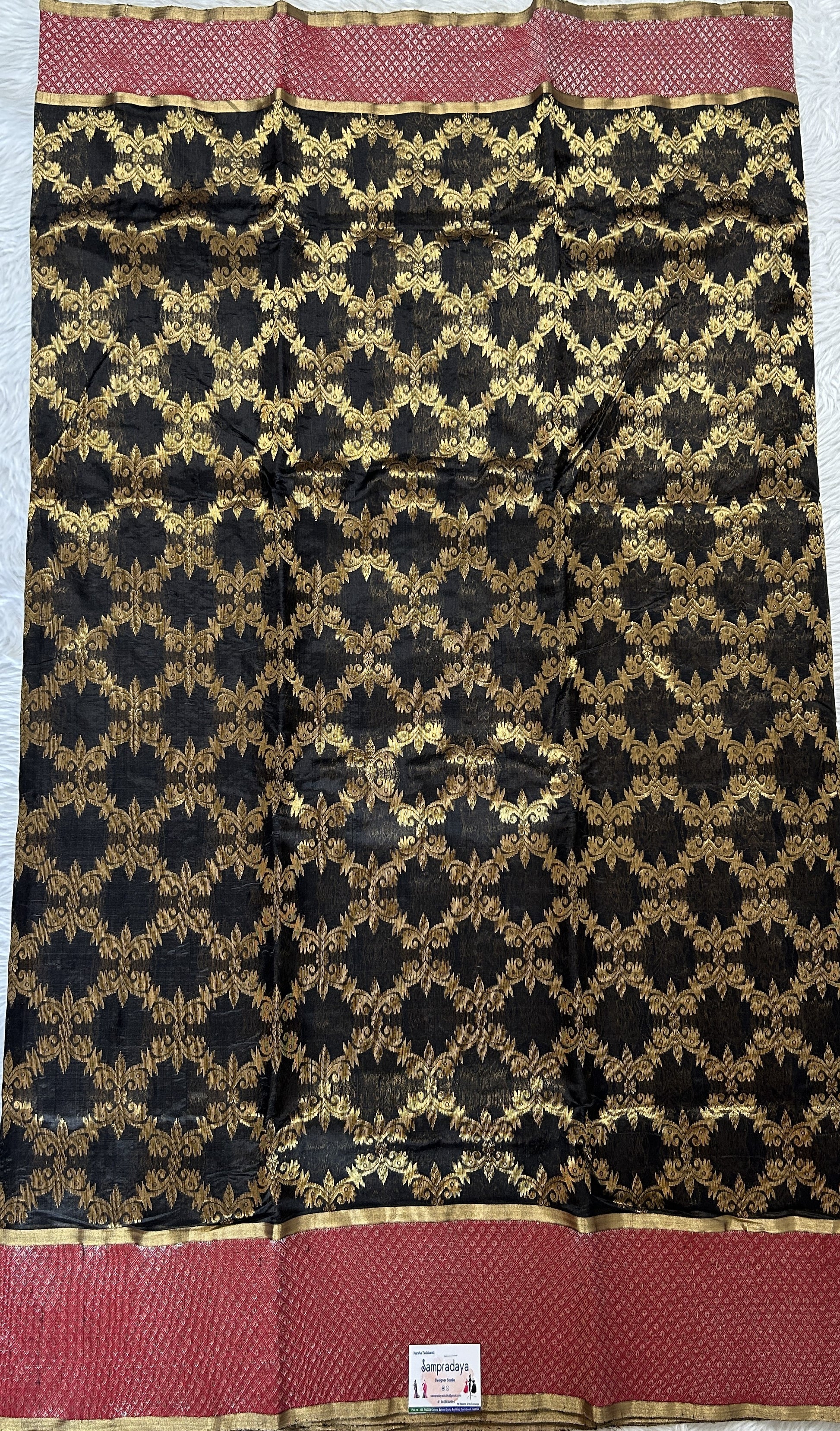 Chanderi Silk Saree Black Colored Complemented with a Maroon Zari Border - Sampradaya Designer Studio