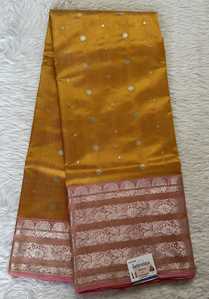 Chanderi Silk Saree Yellow Colored Complemented with a Baby Pink Zari Border - Sampradaya Designer Studio