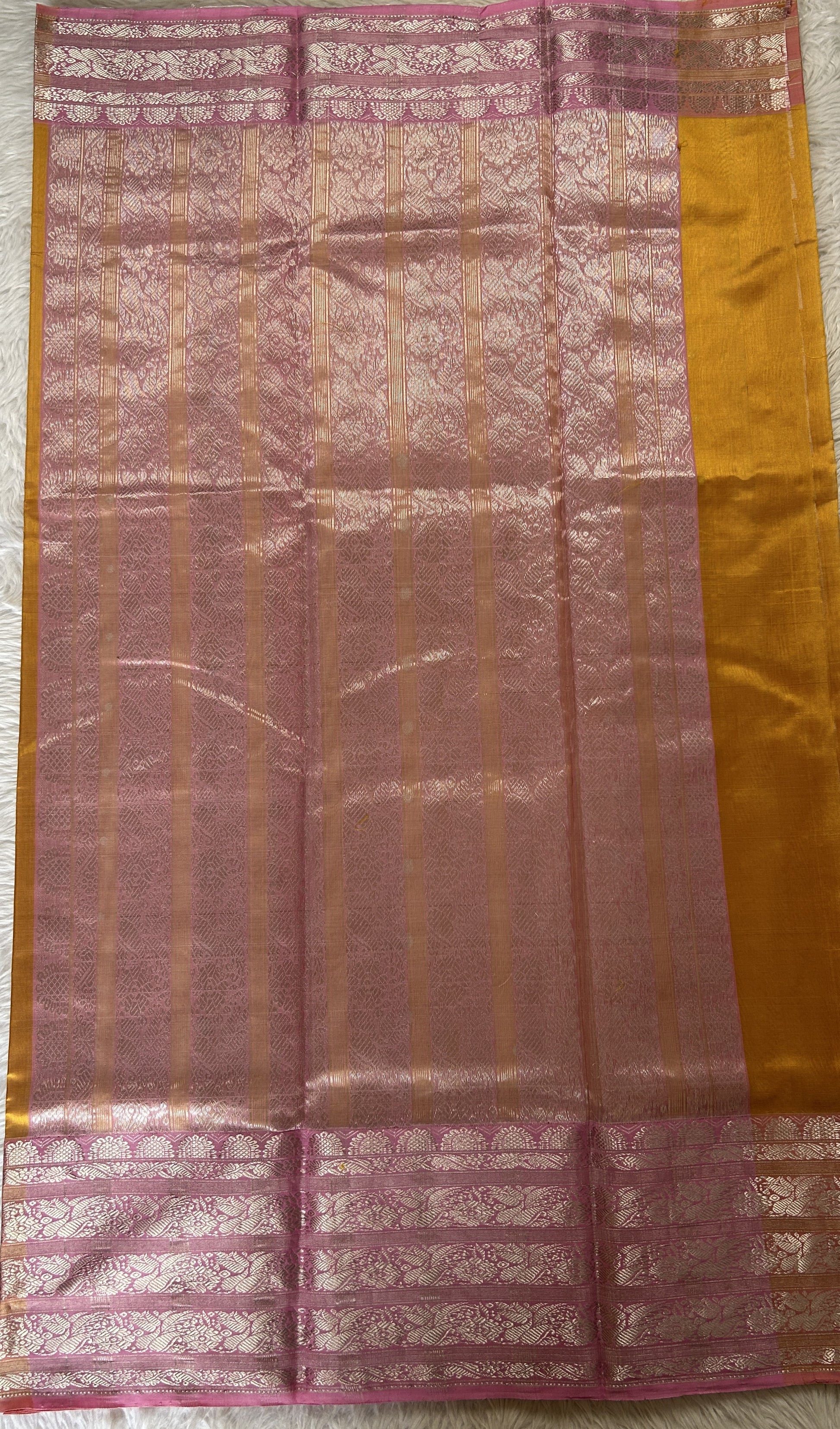 Chanderi Silk Saree Yellow Colored Complemented with a Baby Pink Zari Border - Sampradaya Designer Studio
