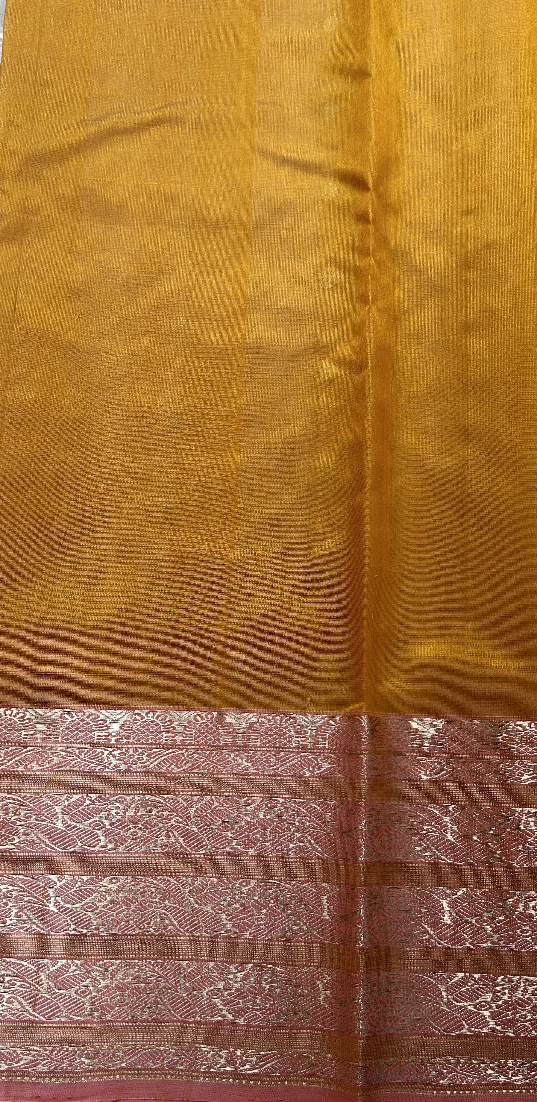 Chanderi Silk Saree Yellow Colored Complemented with a Baby Pink Zari Border - Sampradaya Designer Studio