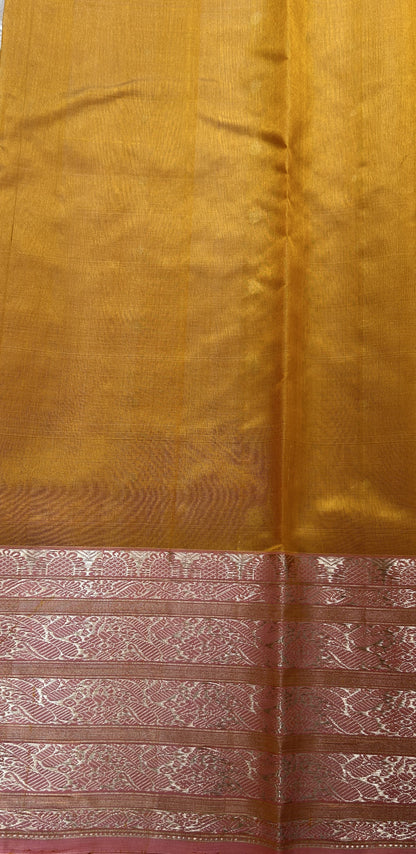 Chanderi Silk Saree Yellow Colored Complemented with a Baby Pink Zari Border - Sampradaya Designer Studio