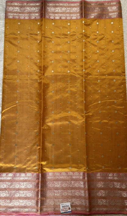 Chanderi Silk Saree Yellow Colored Complemented with a Baby Pink Zari Border - Sampradaya Designer Studio