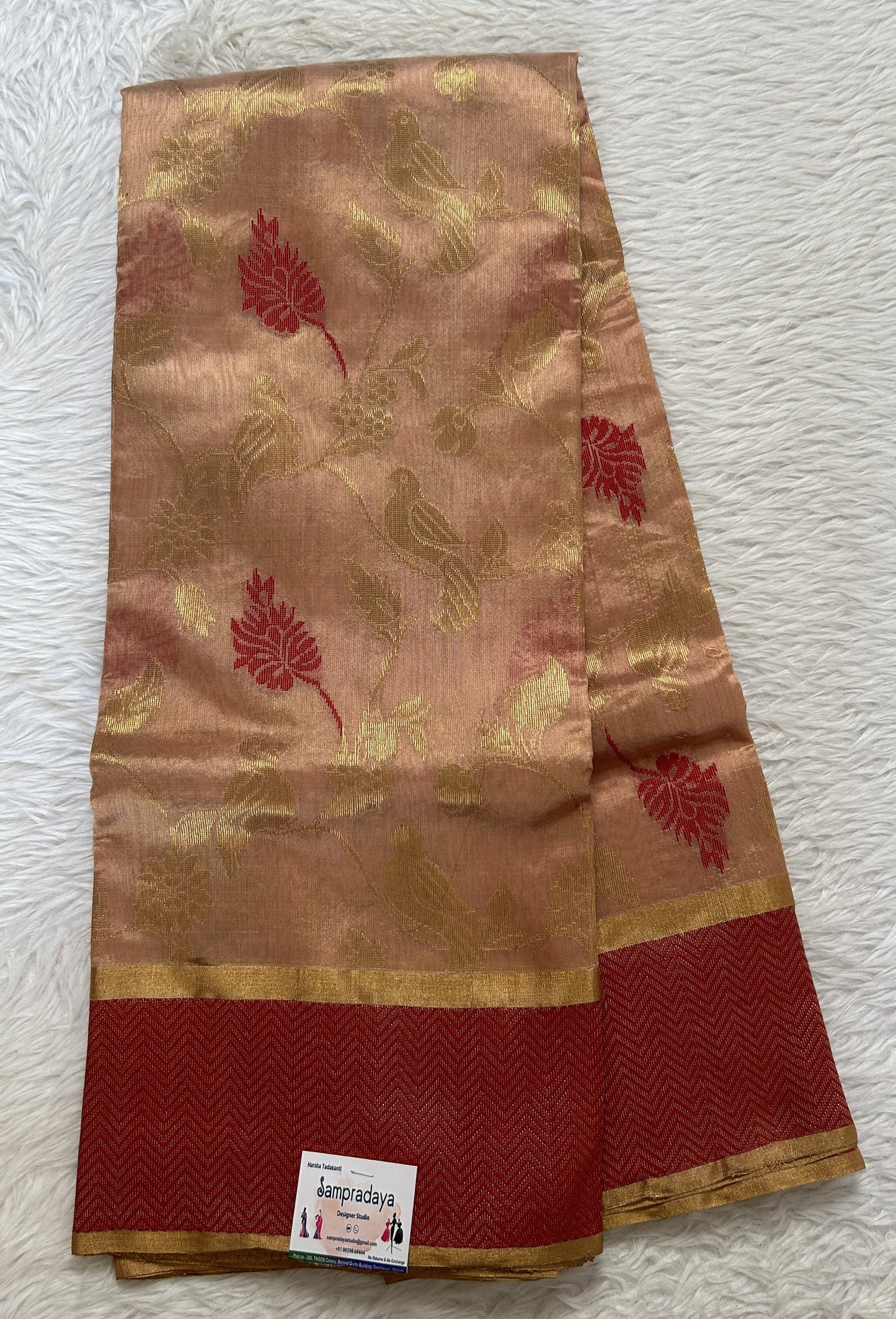 Chanderi Silk Saree Peach Colored Complemented with a Maroon Zari Border - Sampradaya Designer Studio