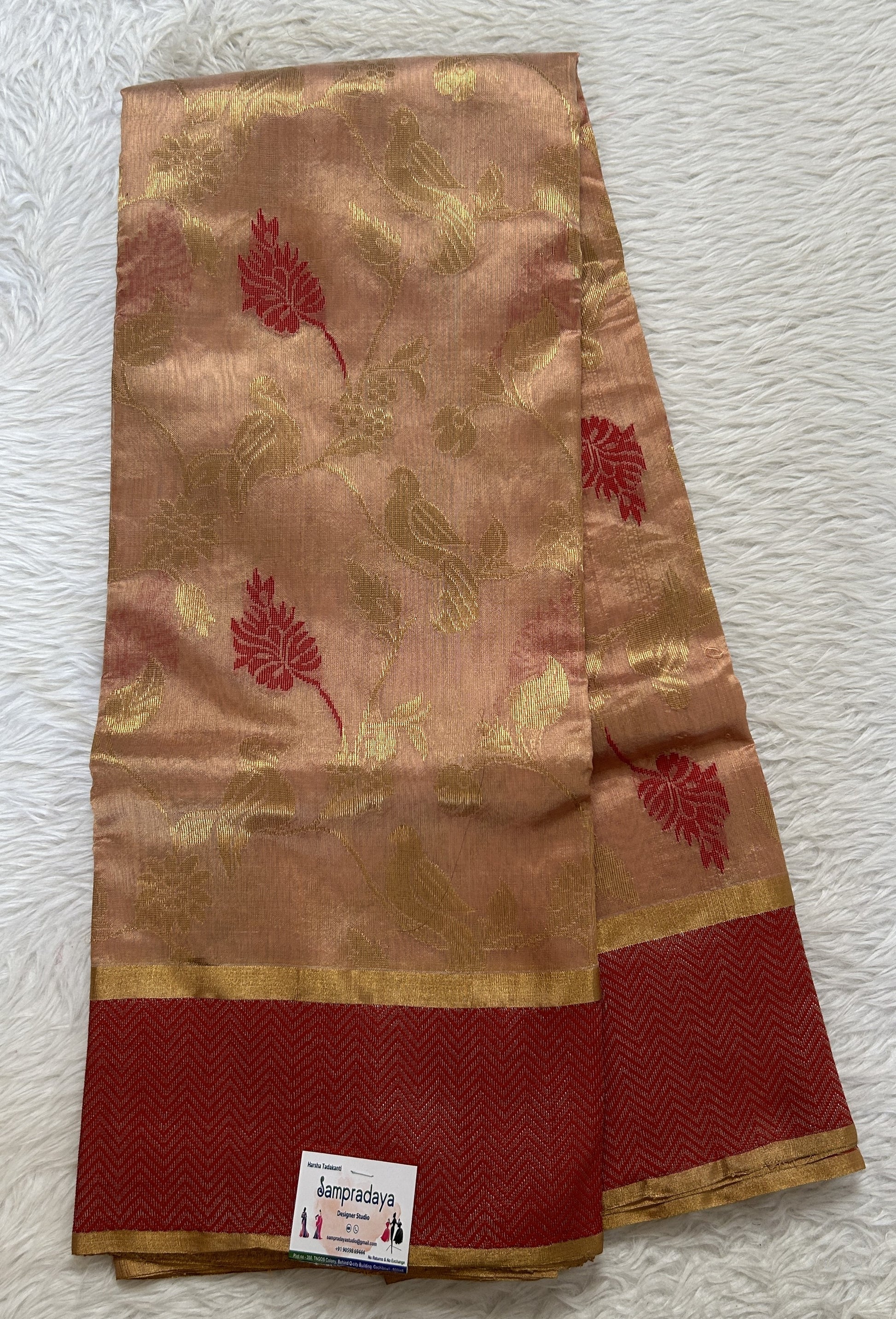 Chanderi Silk Saree Peach Colored Complemented with a Maroon Zari Border - Sampradaya Designer Studio