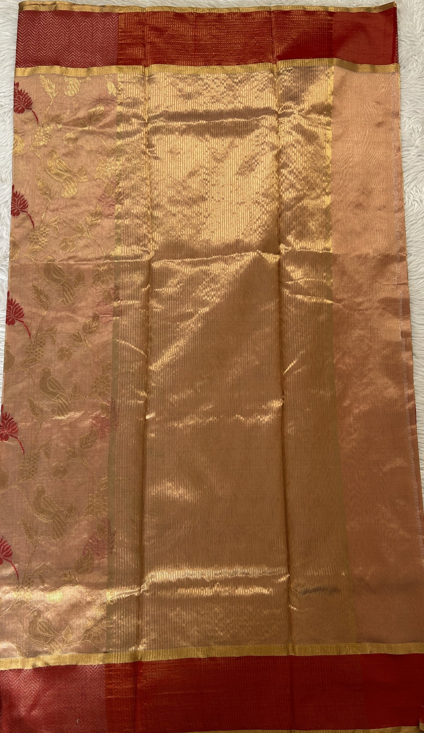 Chanderi Silk Saree Peach Colored Complemented with a Maroon Zari Border - Sampradaya Designer Studio