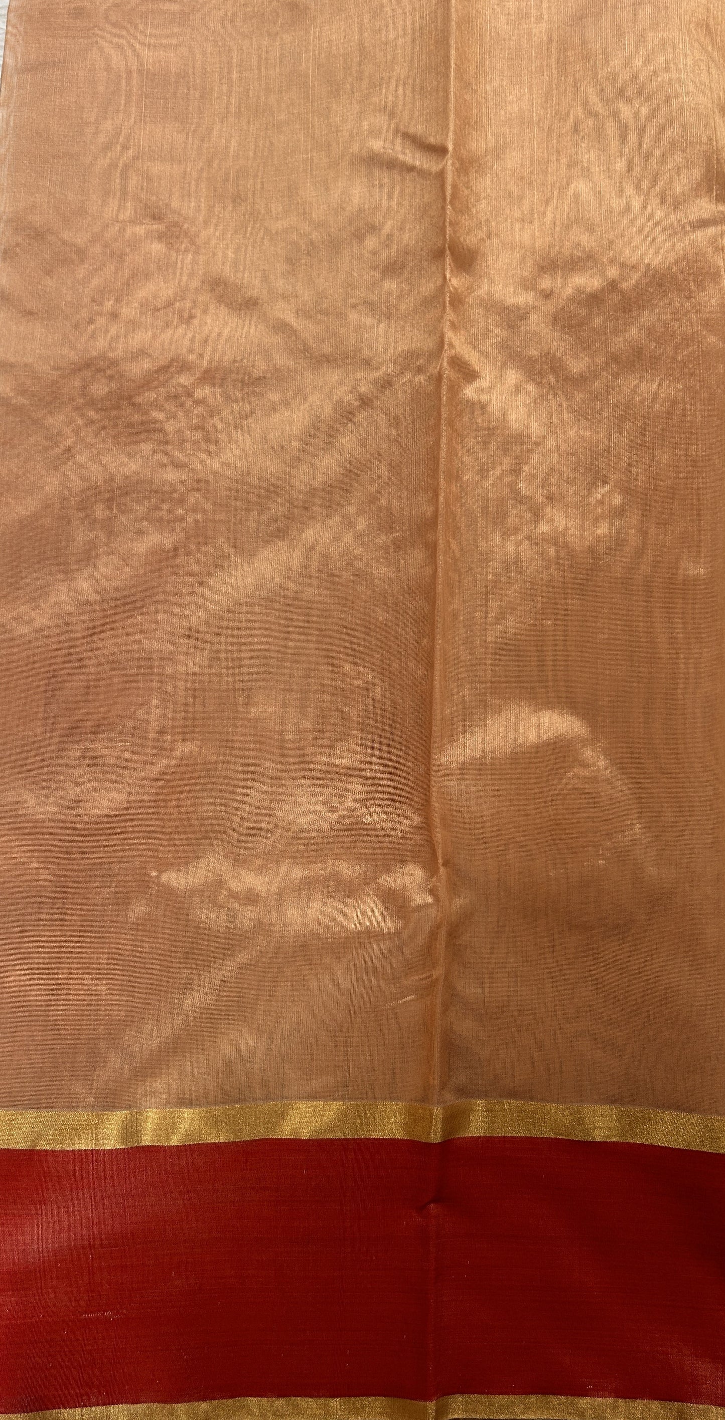 Chanderi Silk Saree Peach Colored Complemented with a Maroon Zari Border - Sampradaya Designer Studio
