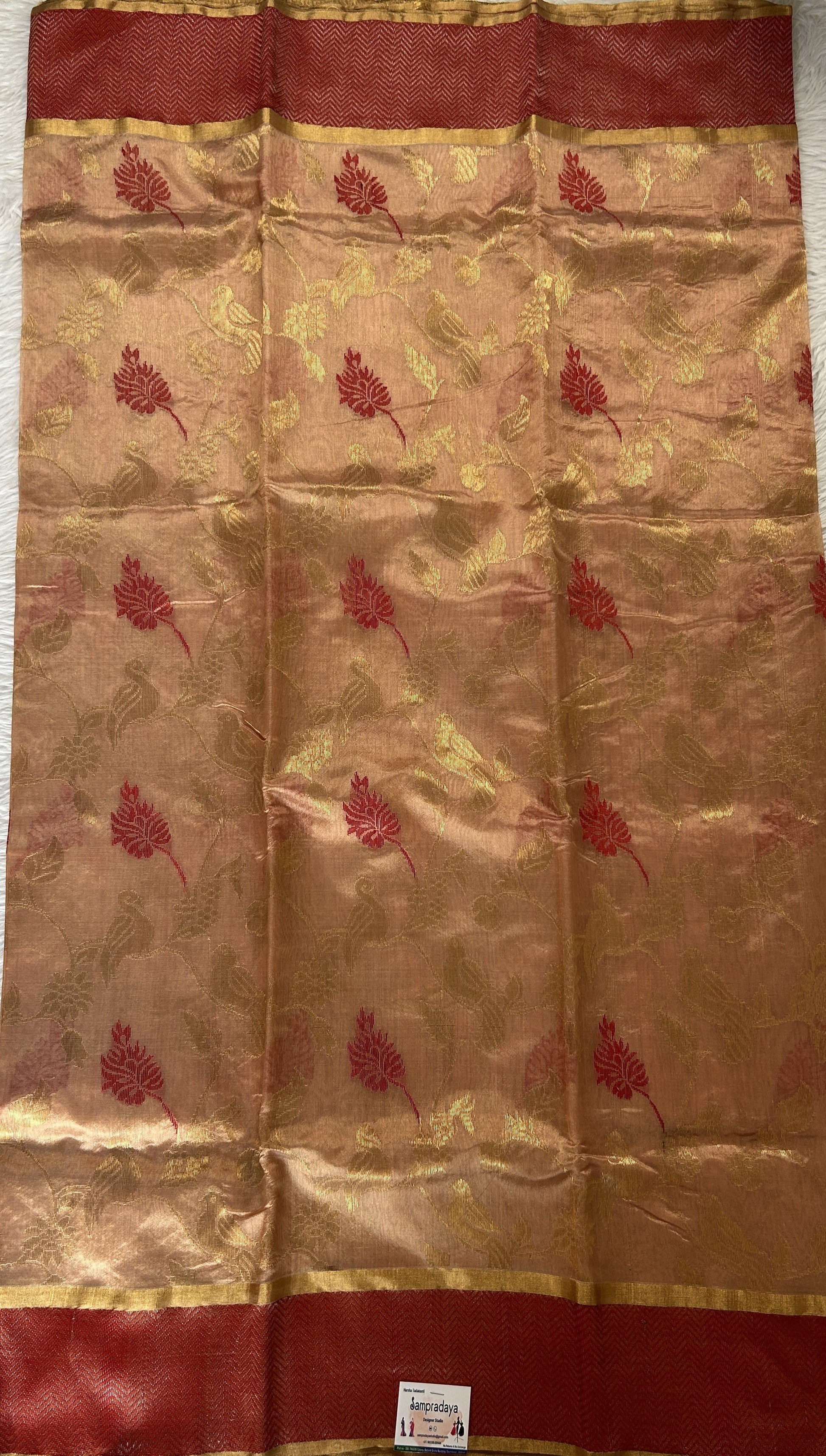 Chanderi Silk Saree Peach Colored Complemented with a Maroon Zari Border - Sampradaya Designer Studio