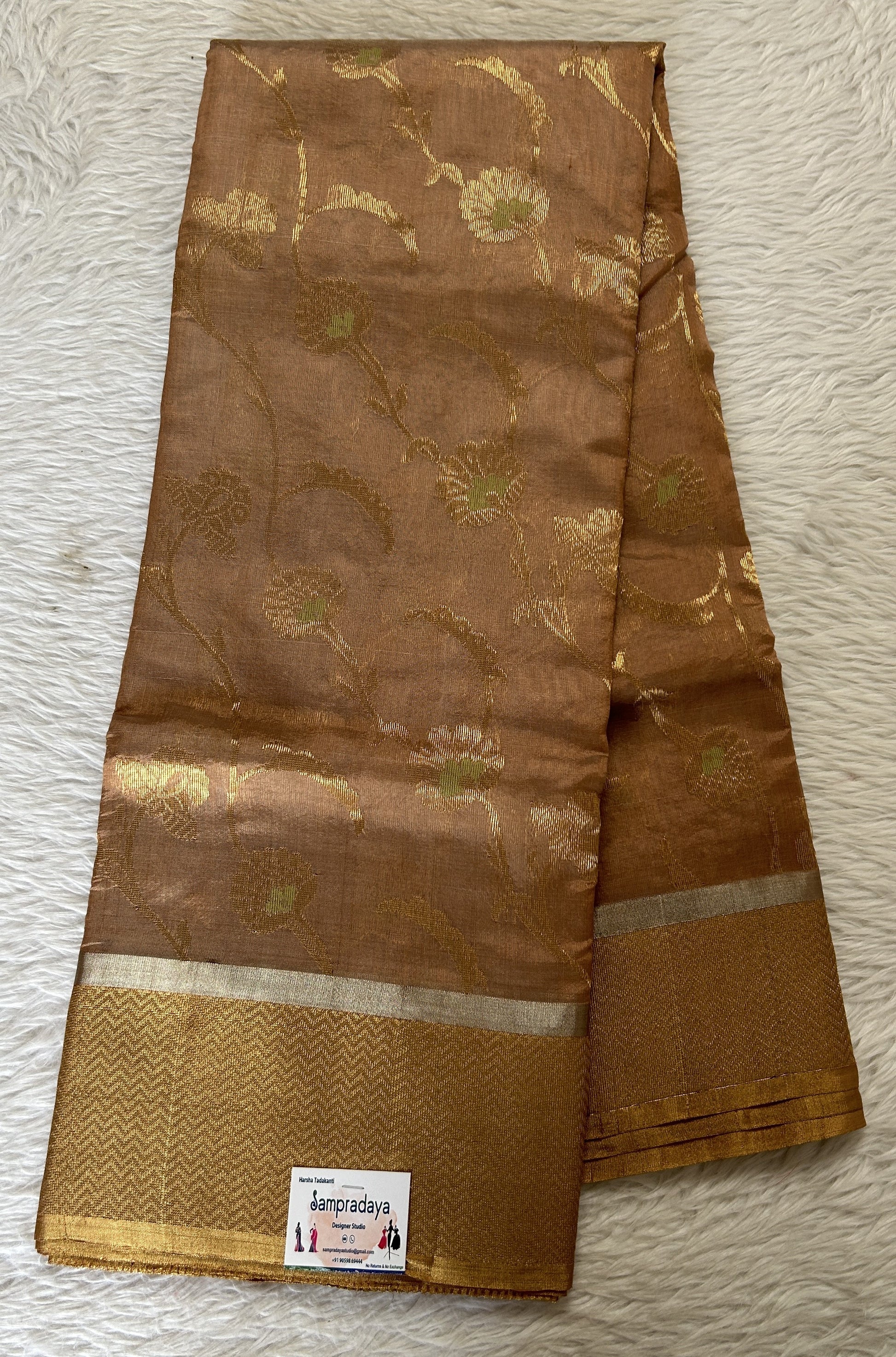 Chanderi Silk Saree Dark Peach Colored Complemented with a Zari Border - Sampradaya Designer Studio